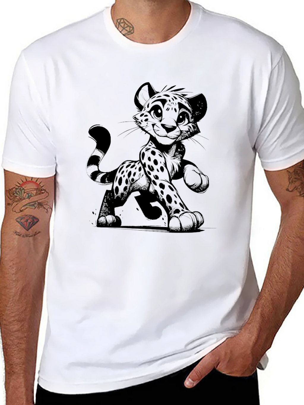 Cartoon Cheetah Graphic Tee - Black