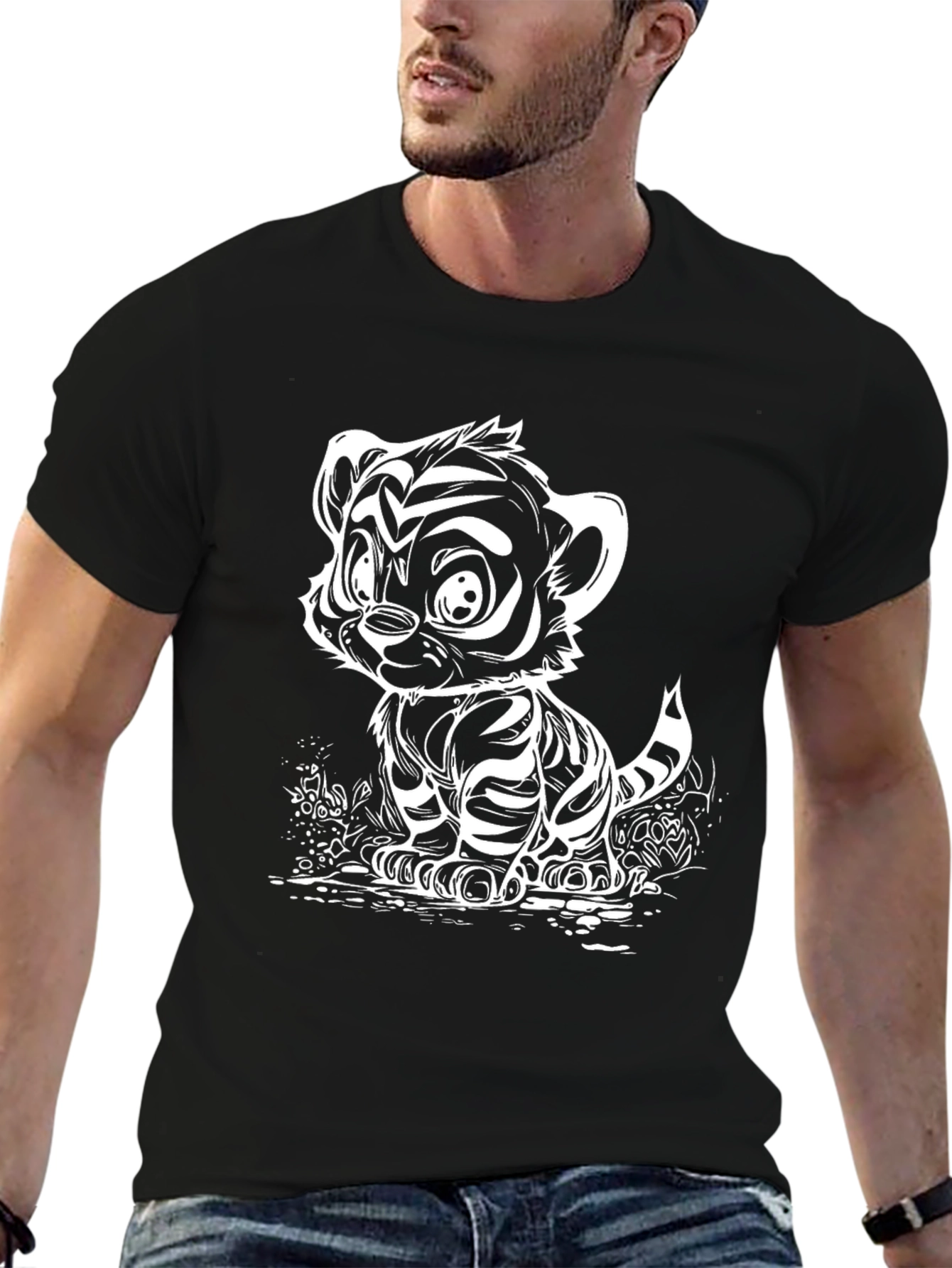 Cute Tiger Cub Graphic Tee - Black Cotton Blend