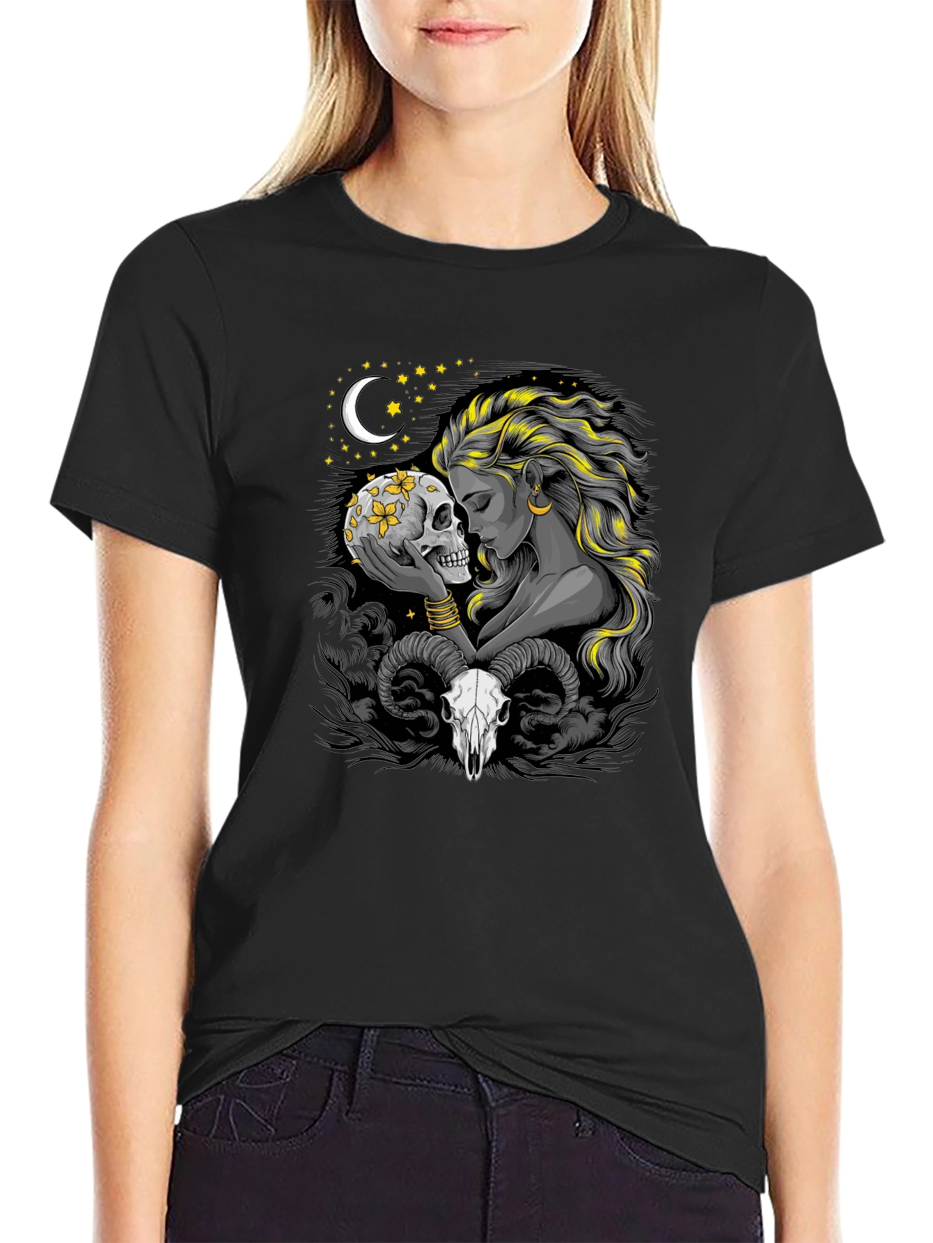 Skull & Woman Graphic Tee - Gothic Style Black T-Shirt