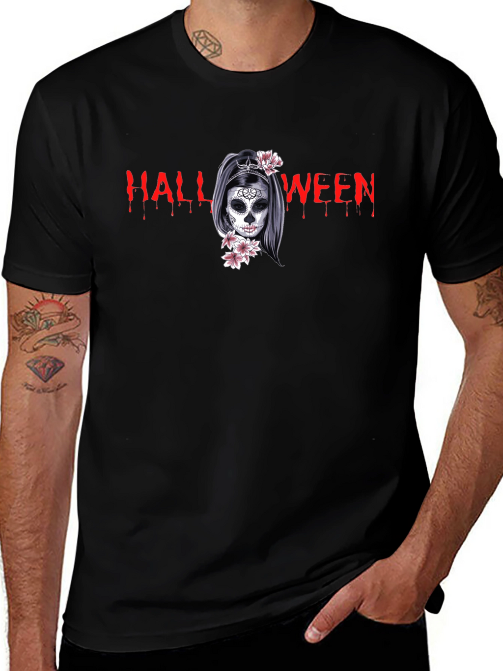 Halloween Skull Girl Graphic Black T-Shirt