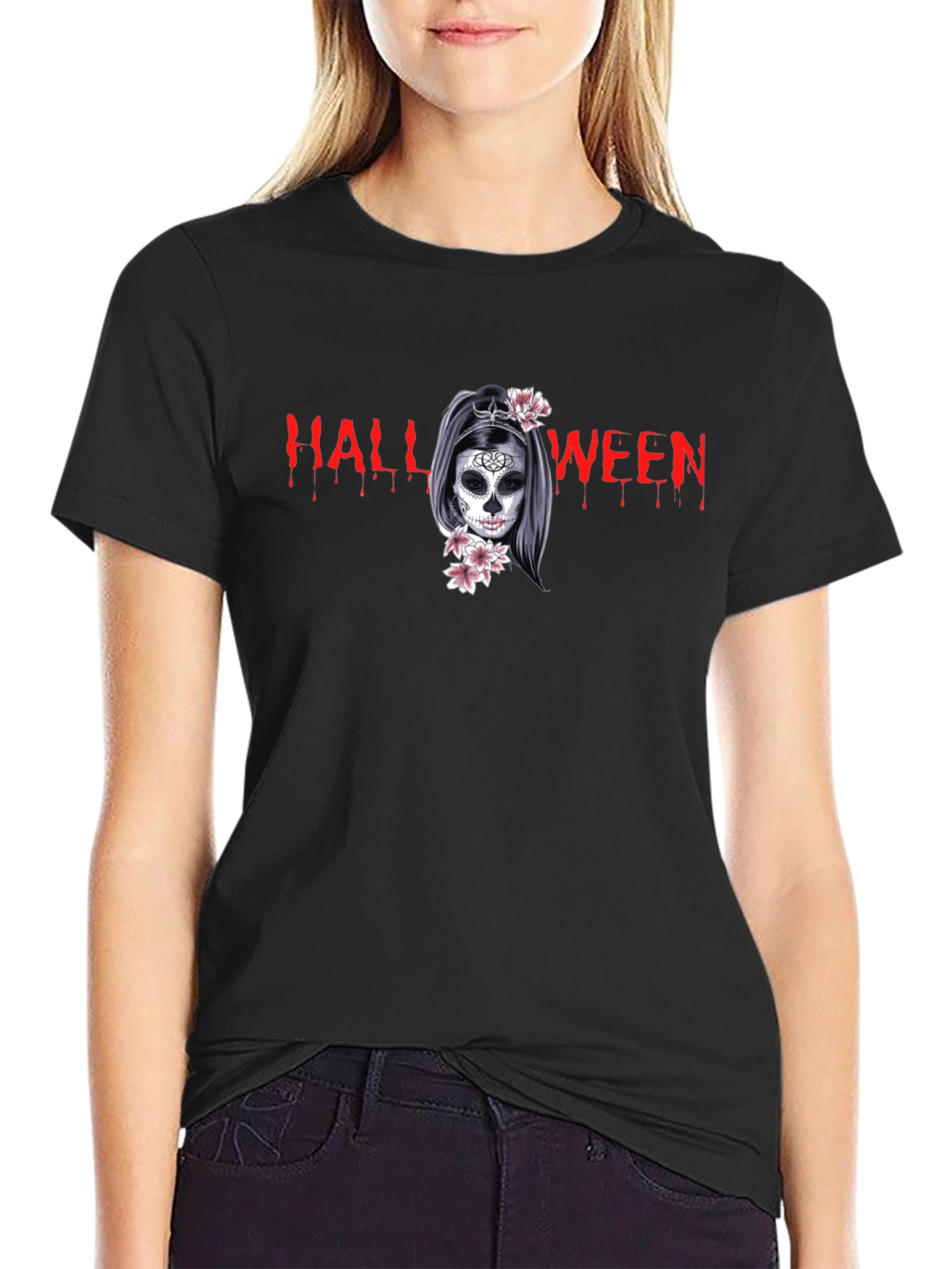 Halloween Skull Girl Graphic Black T-Shirt