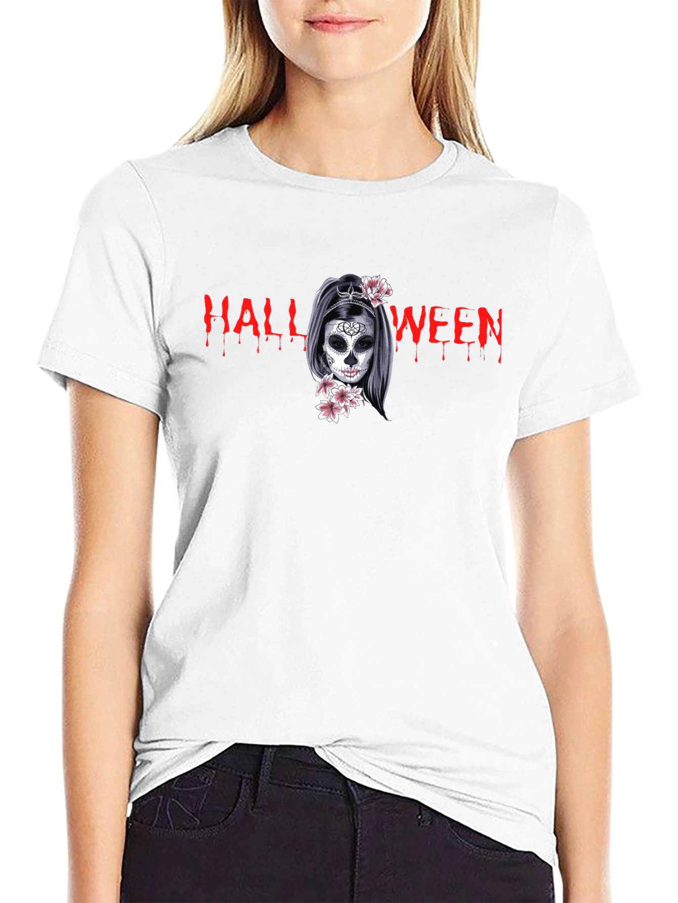 Halloween Skull Girl Graphic Black T-Shirt