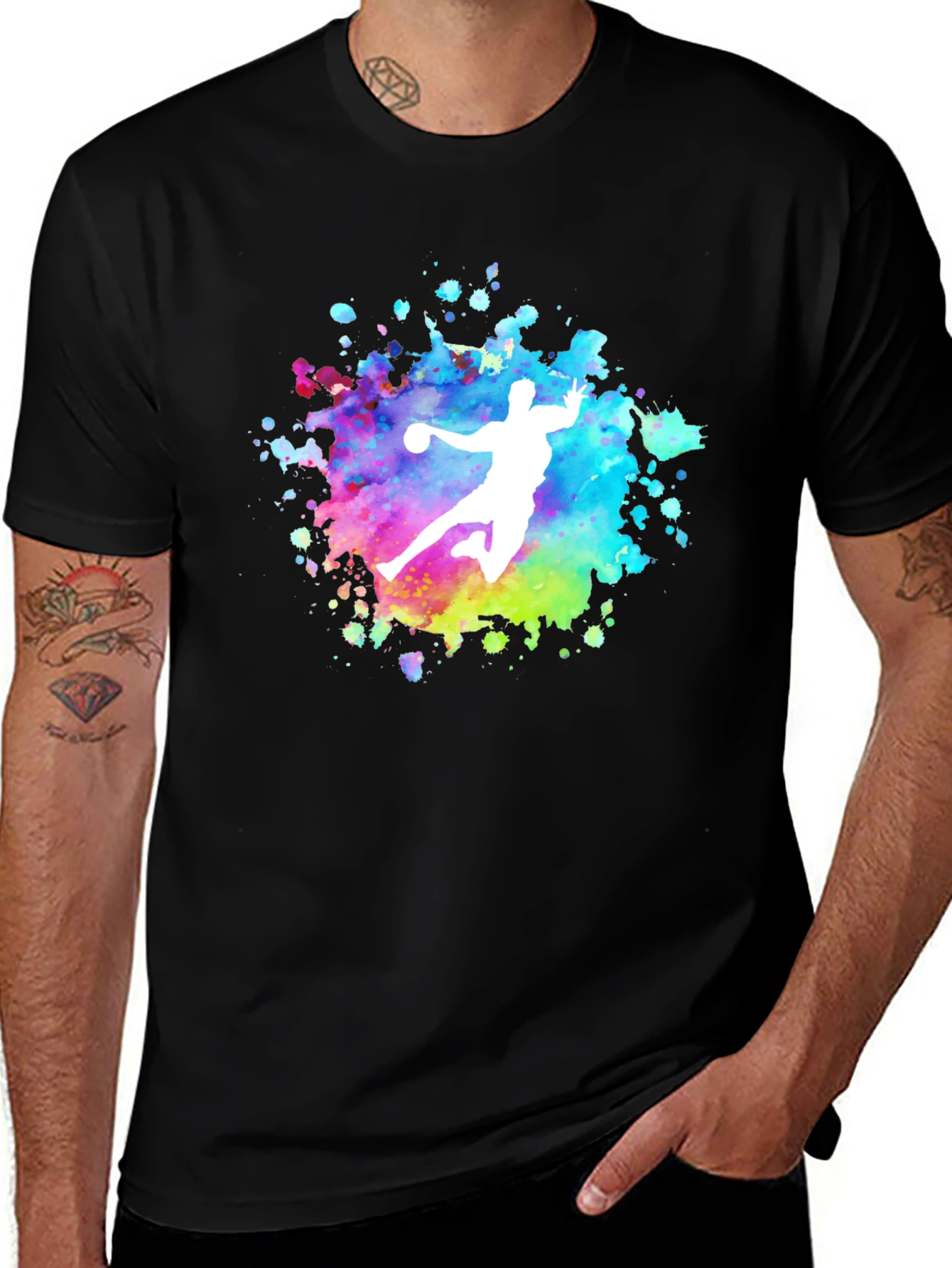 Handball Player Graphic T-Shirt - Colorful Splatter Design