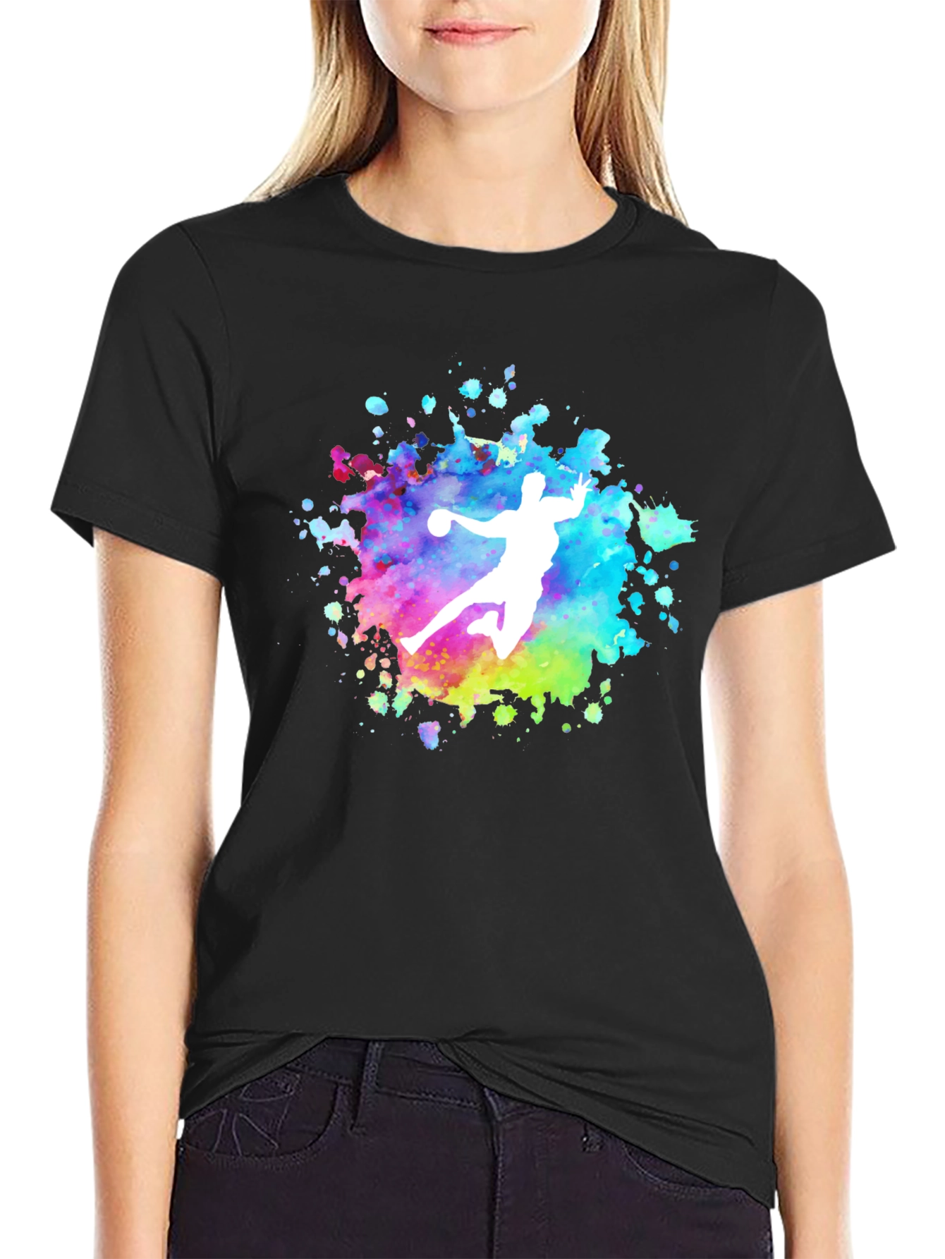 Handball Player Graphic T-Shirt - Colorful Splatter Design