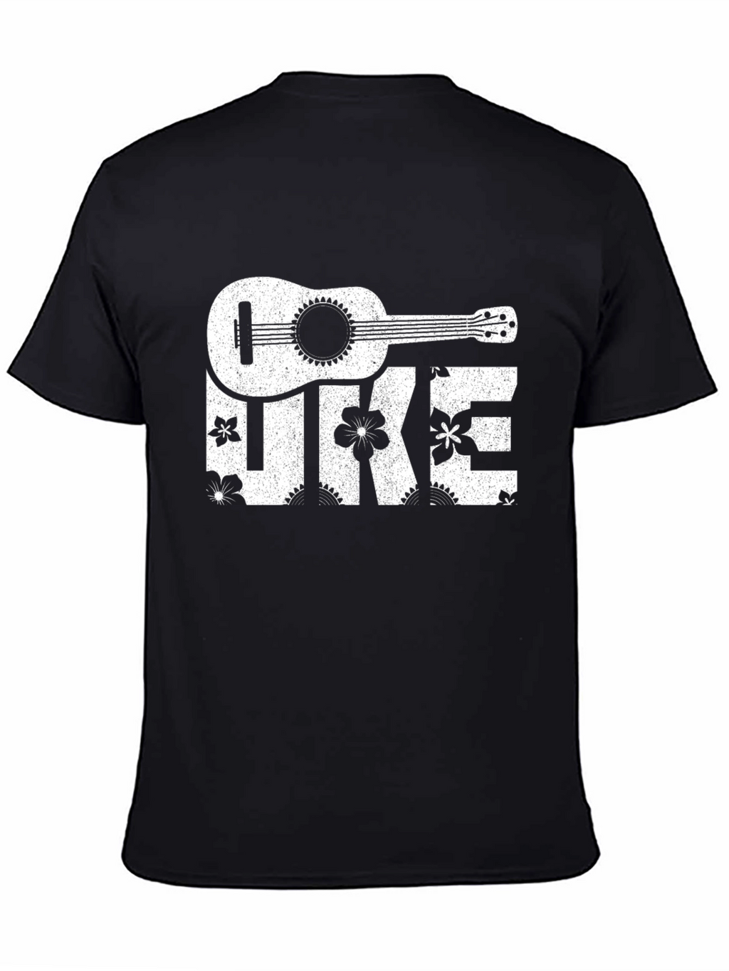 Ukulele Floral Print T-Shirt - Black Cotton Tee