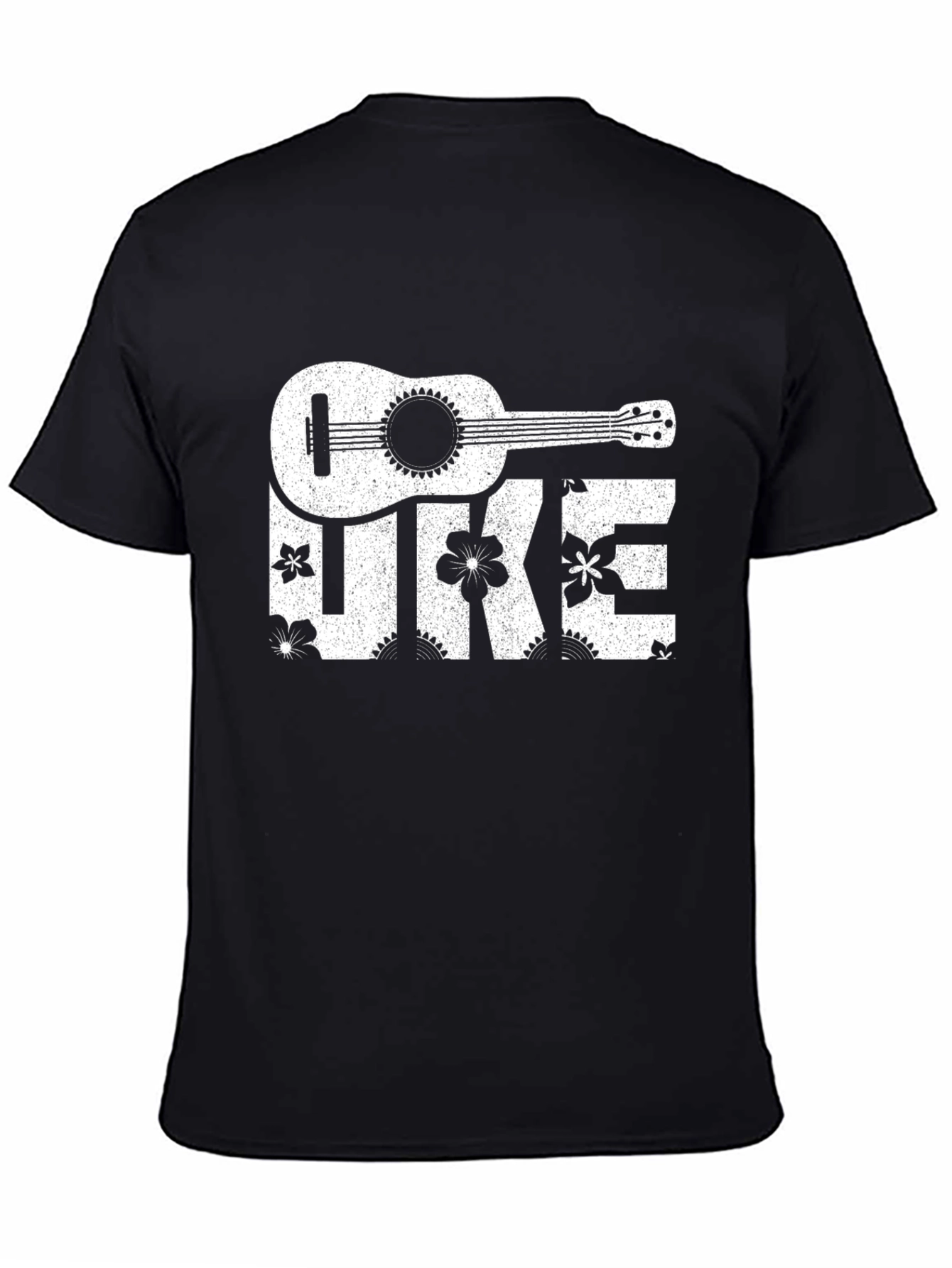Ukulele Floral Print T-Shirt - Black Cotton Tee