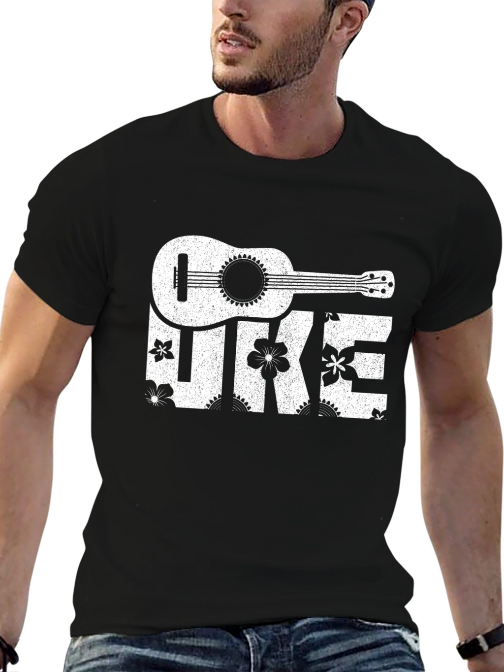 Ukulele Floral Print T-Shirt - Black Cotton Tee