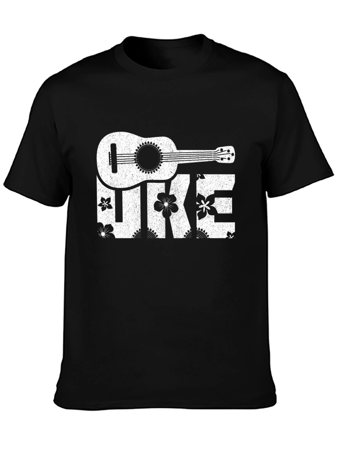 Ukulele Floral Print T-Shirt - Black Cotton Tee