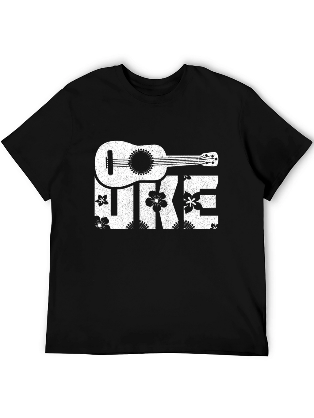 Ukulele Floral Print T-Shirt - Black Cotton Tee
