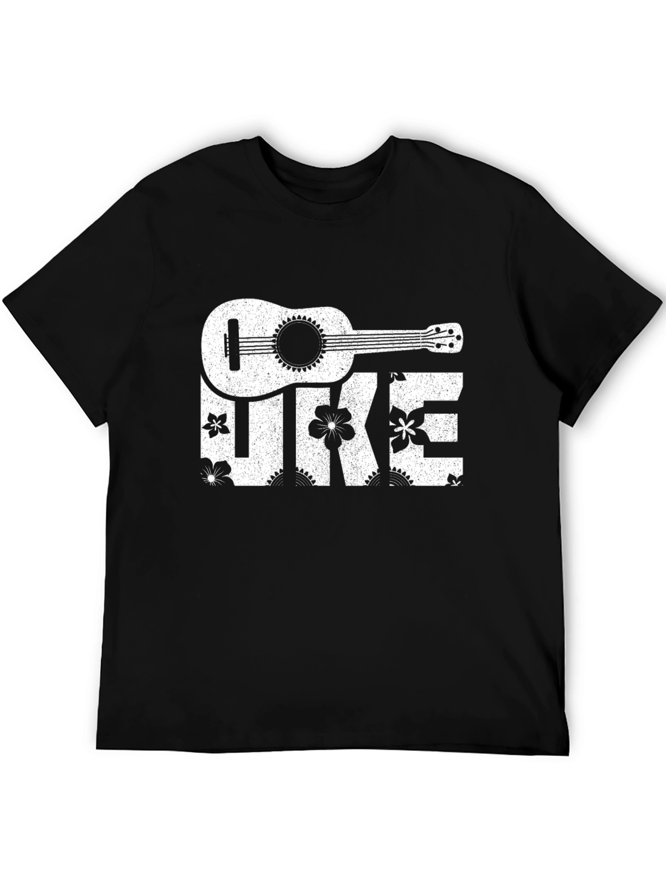 Ukulele Floral Print T-Shirt - Black Cotton Tee