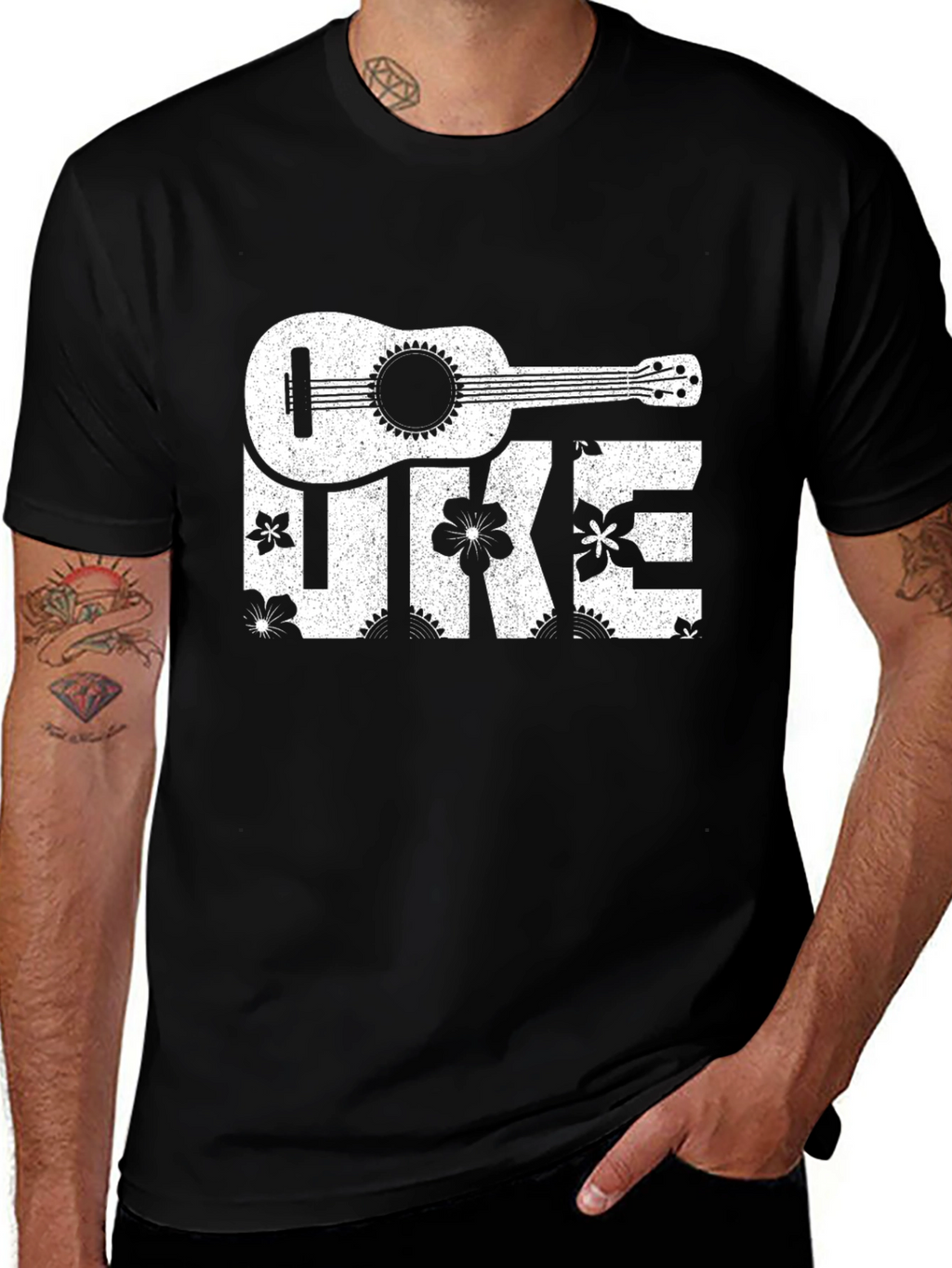 Ukulele Floral Print T-Shirt - Black Cotton Tee