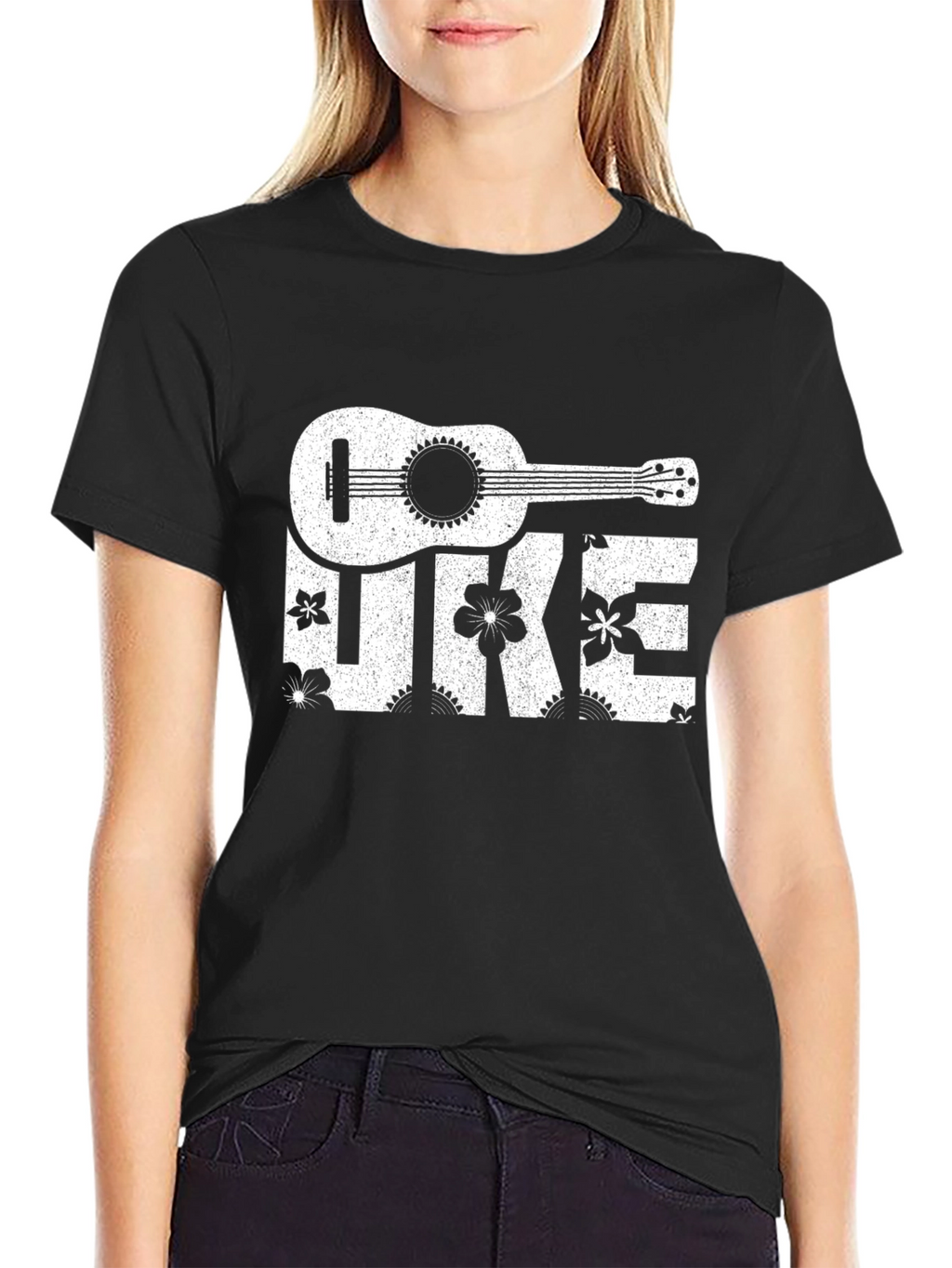 Ukulele Floral Print T-Shirt - Black Cotton Tee