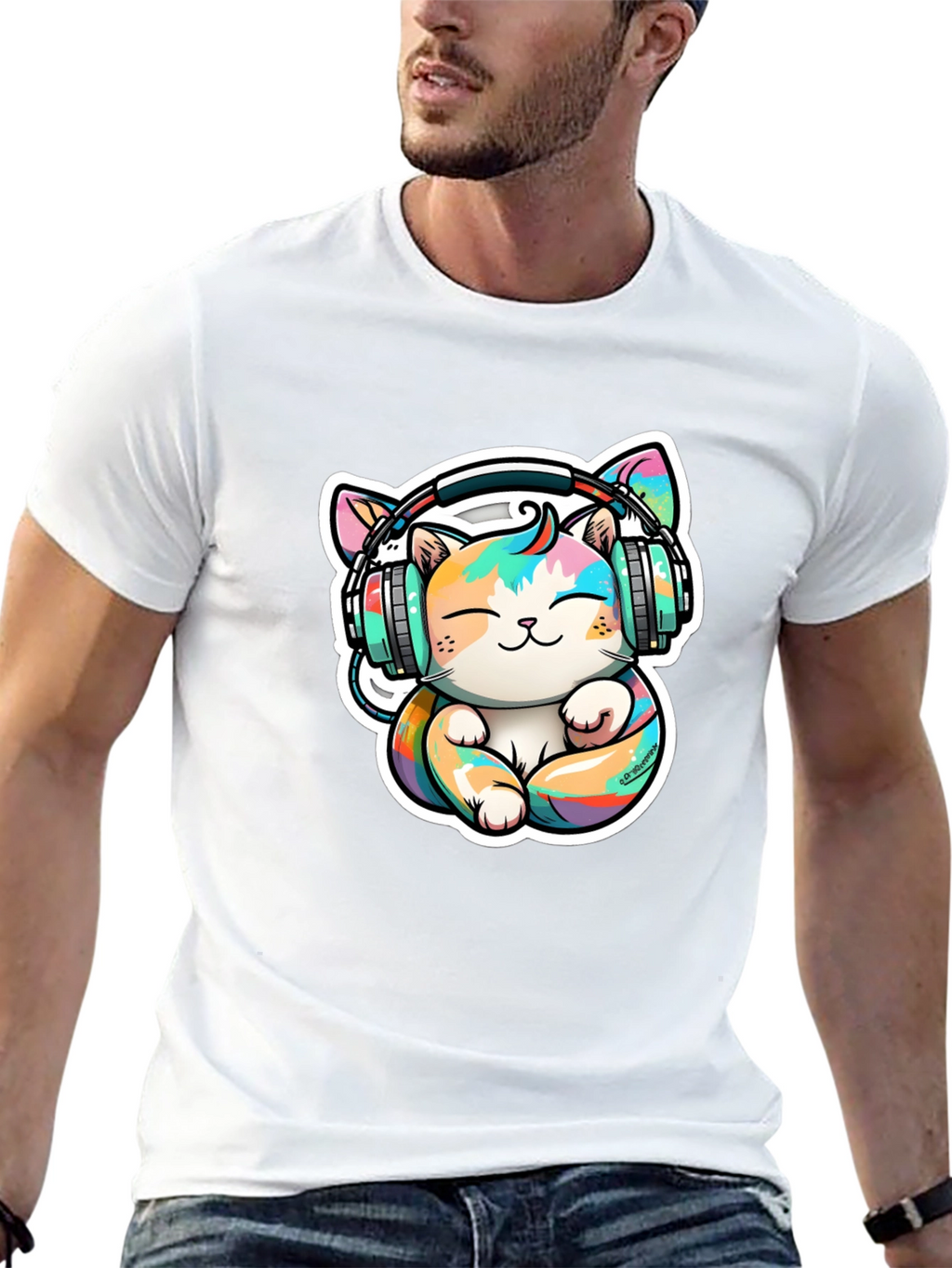 Cute Cat with Headphones Graphic Tee