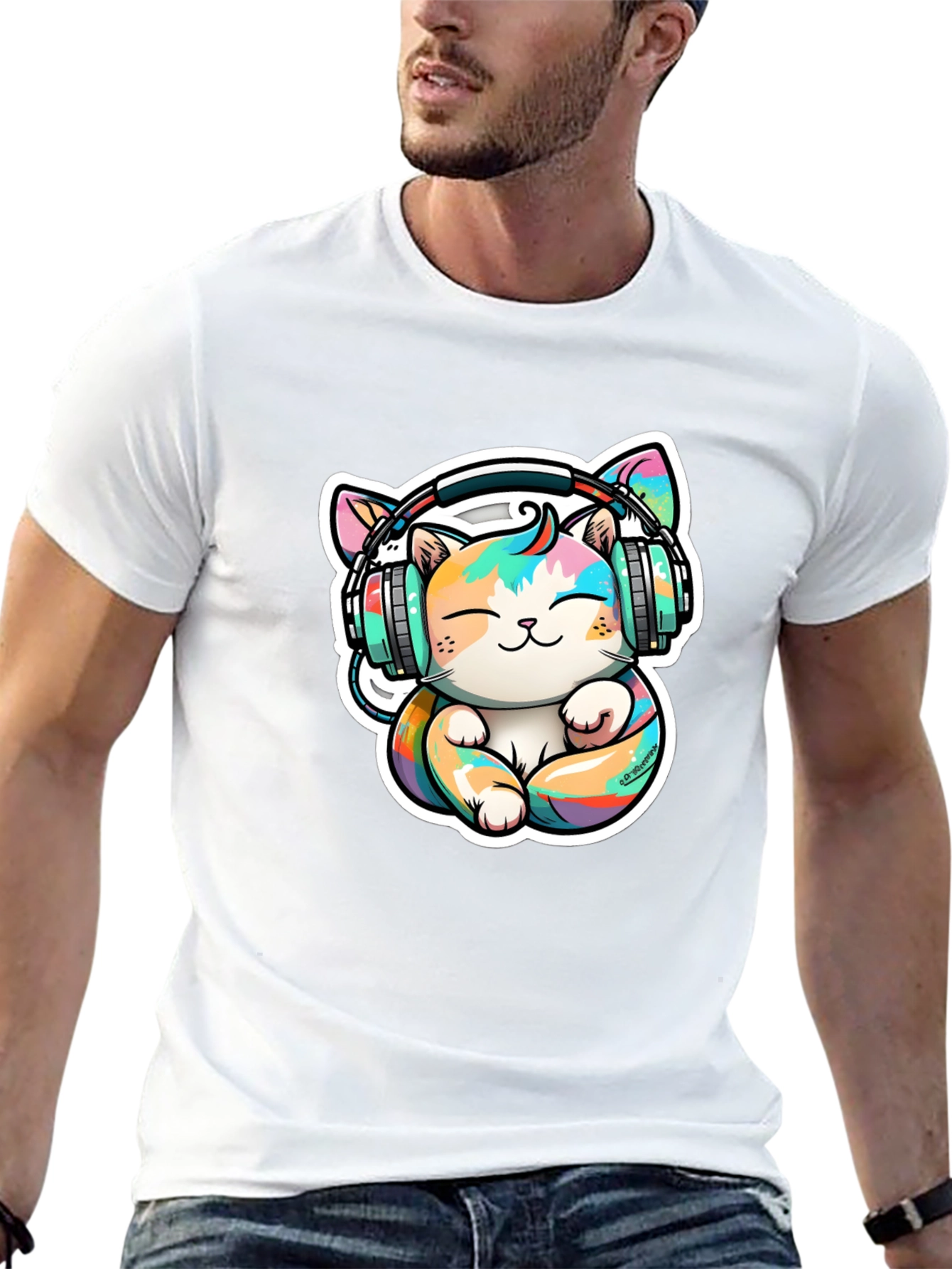Cute Cat with Headphones Graphic Tee