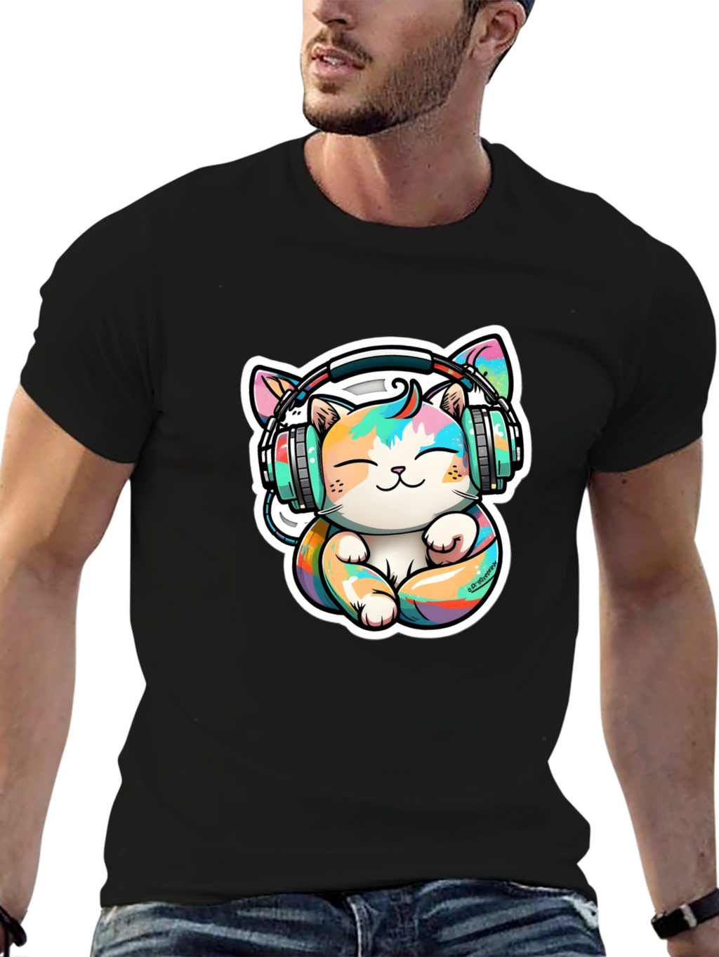 Cute Cat with Headphones Graphic Tee