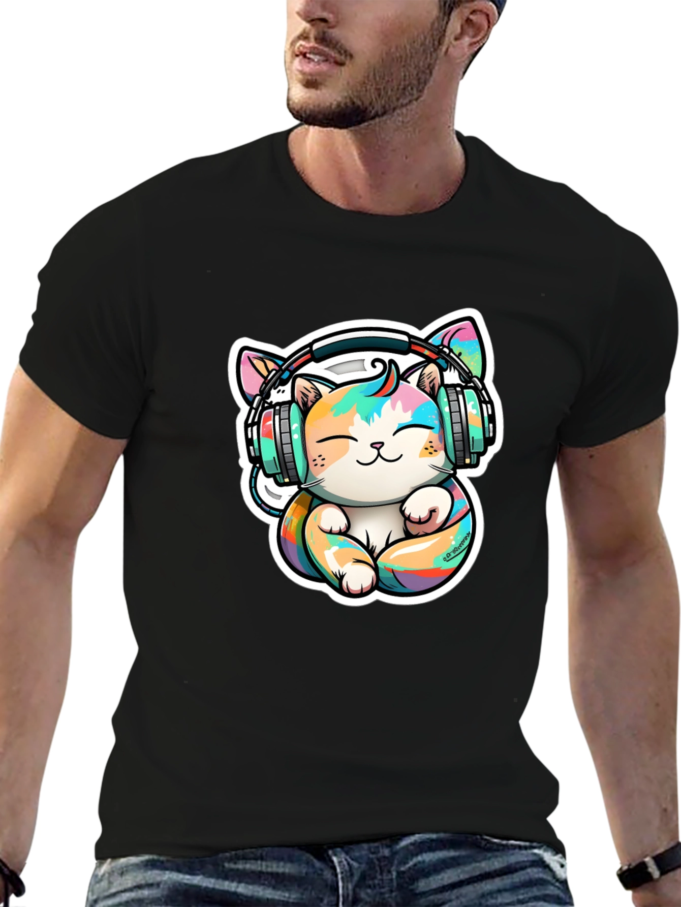 Cute Cat with Headphones Graphic Tee
