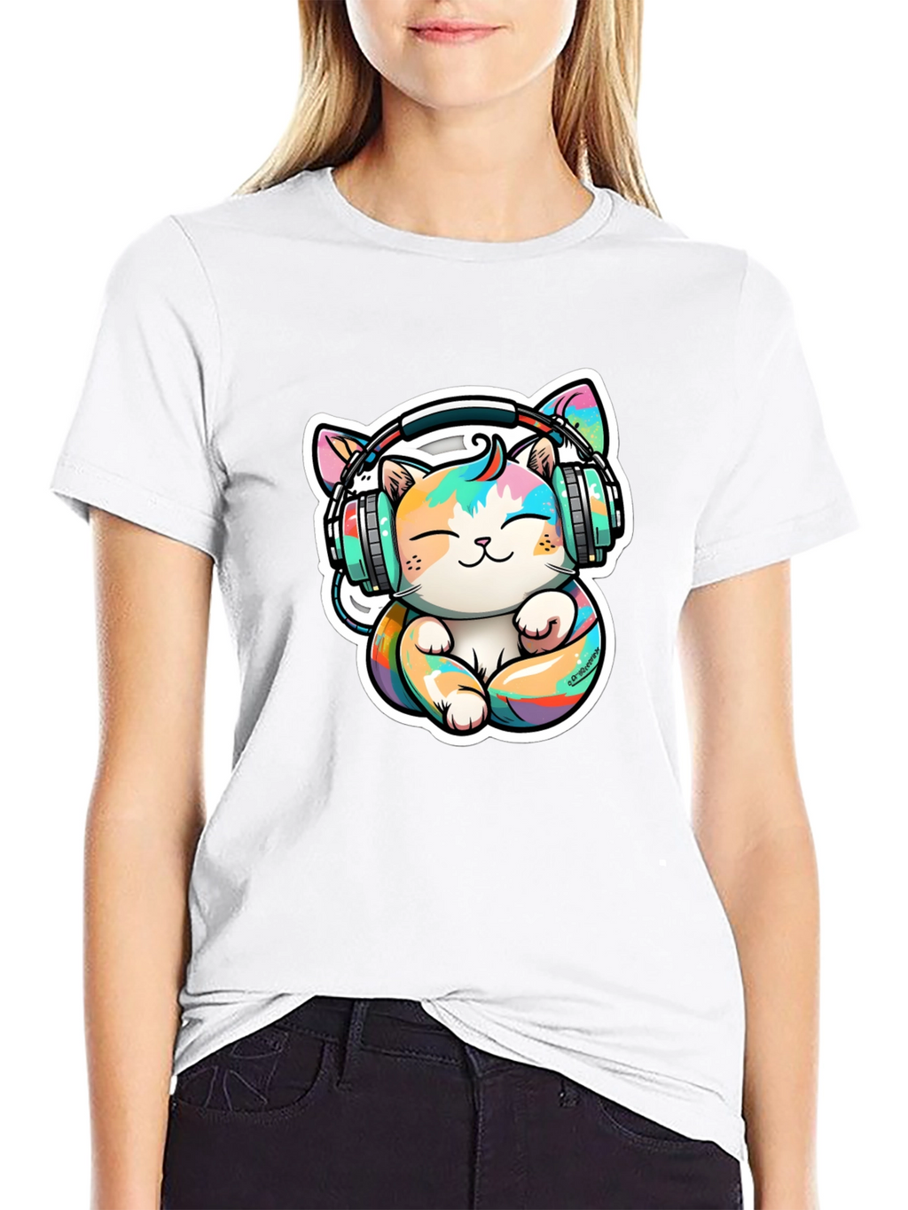 Cute Cat with Headphones Graphic Tee