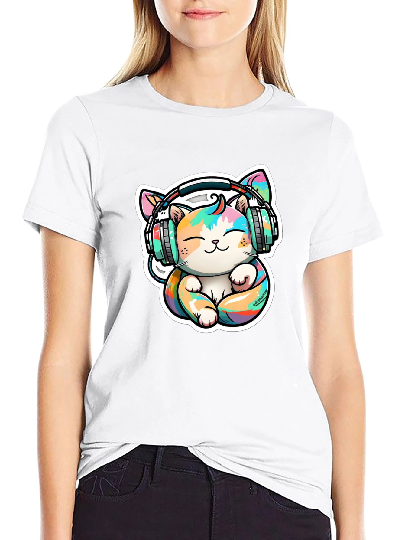 Cute Cat with Headphones Graphic Tee