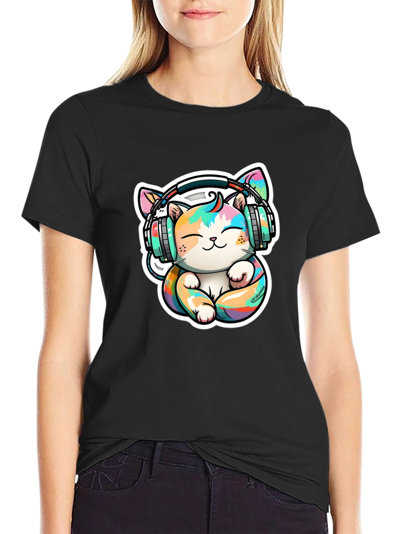 Cute Cat with Headphones Graphic Tee