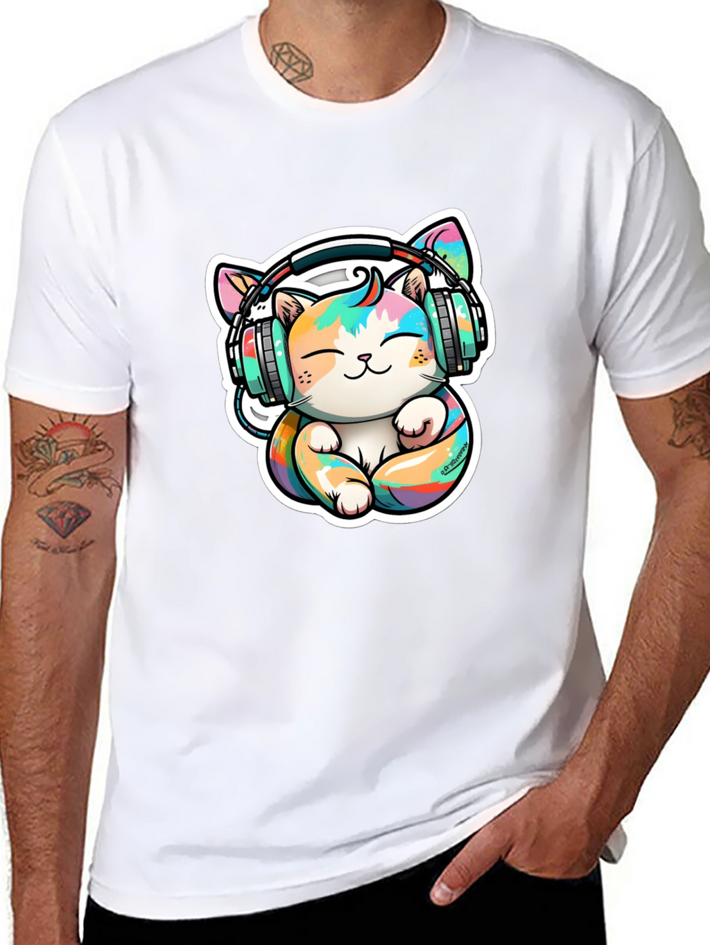 Cute Cat with Headphones Graphic Tee