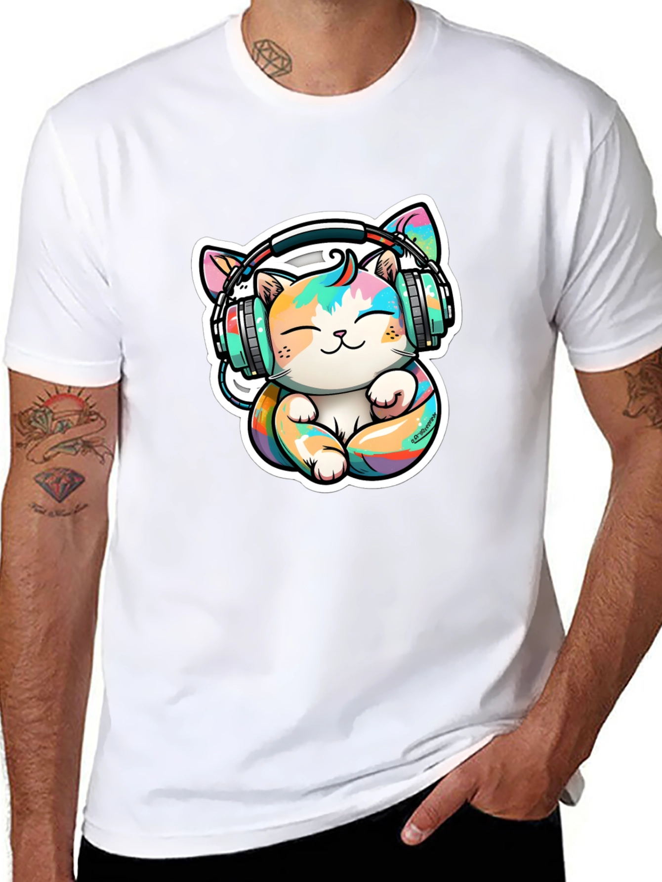 Cute Cat with Headphones Graphic Tee