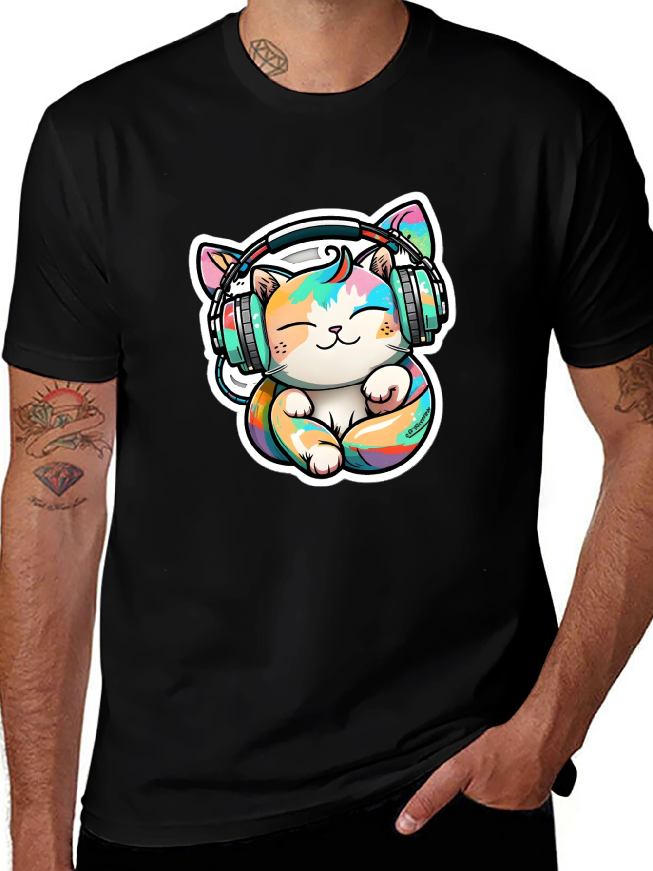 Cute Cat with Headphones Graphic Tee