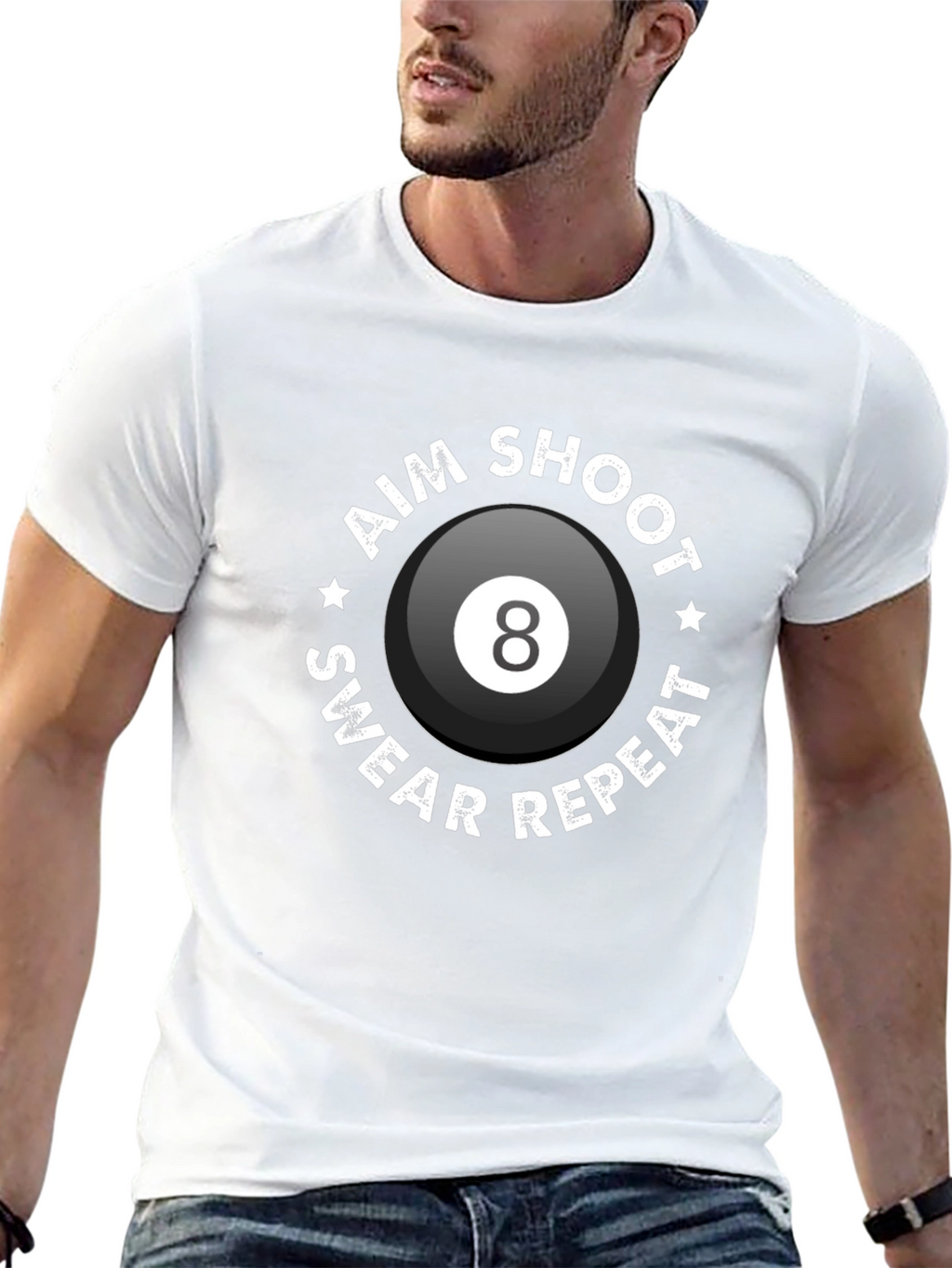 Aim Shoot Swear Repeat Eight Ball Graphic Tee