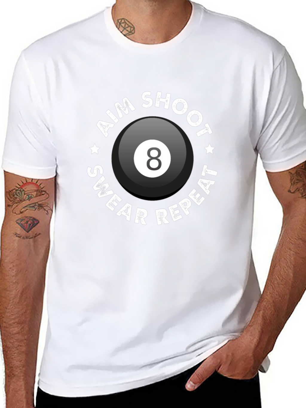 Aim Shoot Swear Repeat Eight Ball Graphic Tee