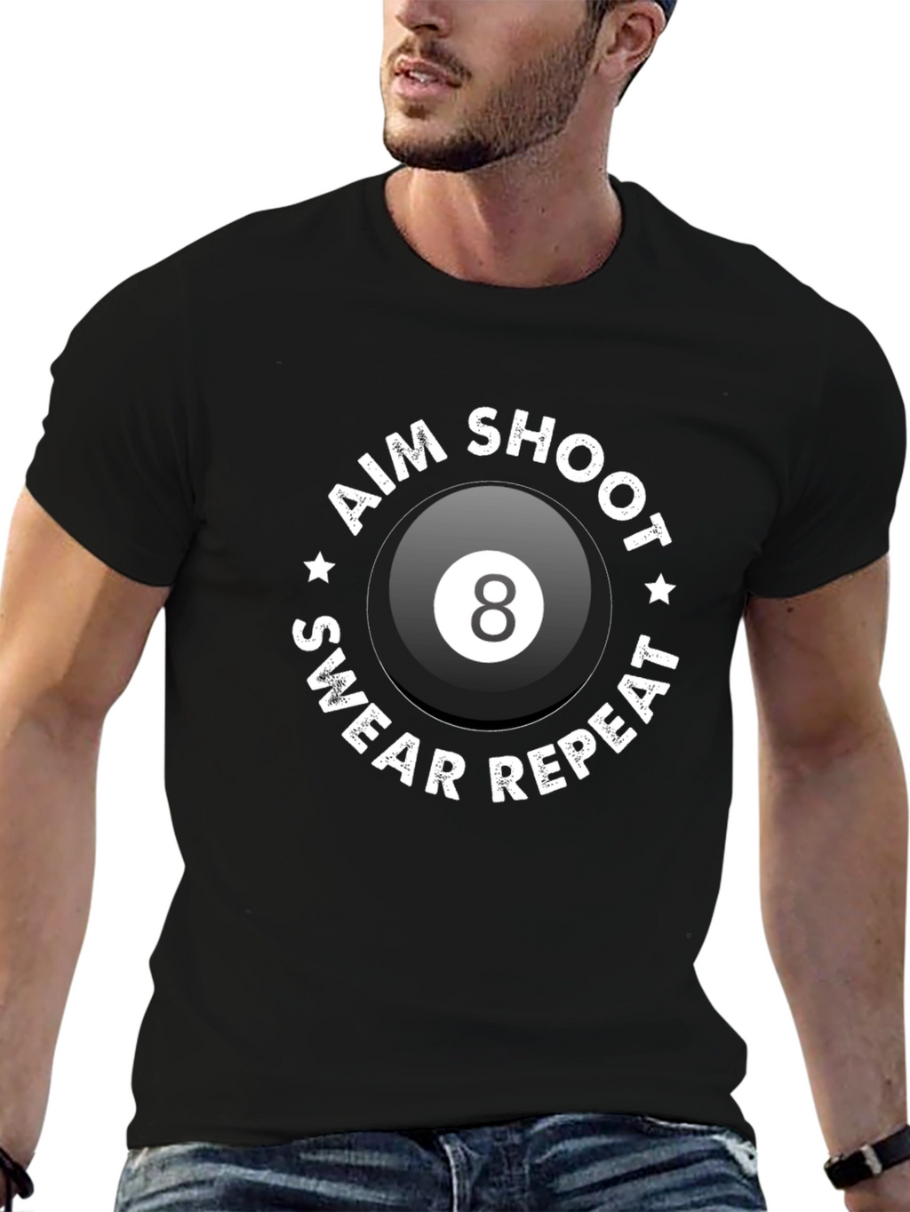 Aim Shoot Swear Repeat Eight Ball Graphic Tee