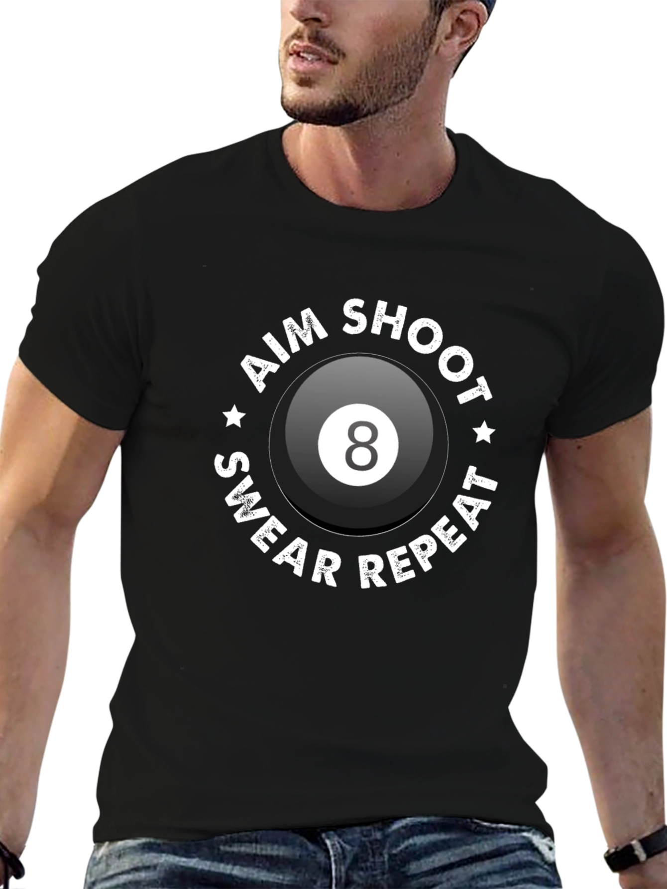 Aim Shoot Swear Repeat Eight Ball Graphic Tee