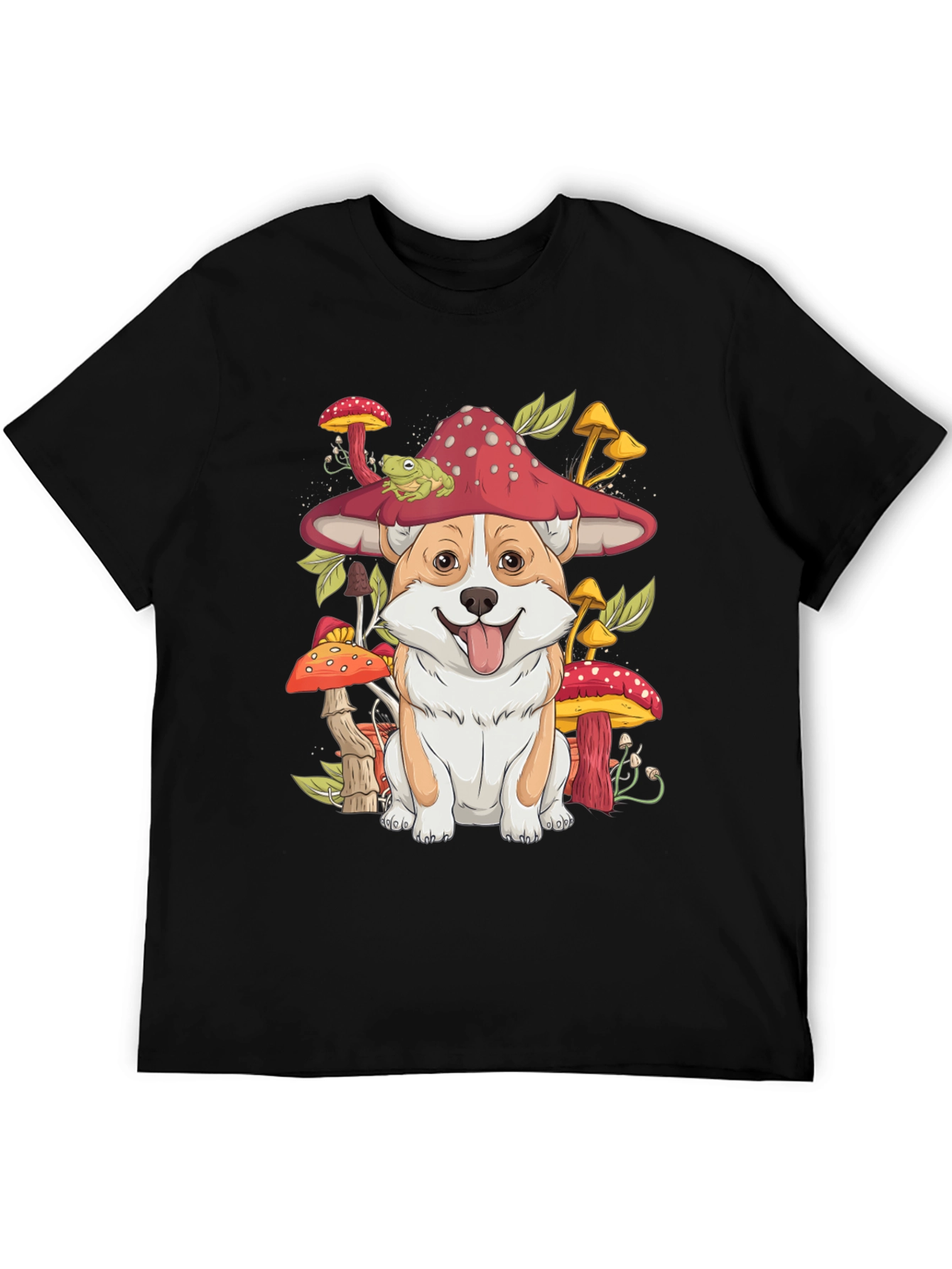 Corgi & Mushroom Graphic Tee - Whimsical Dog T-Shirt