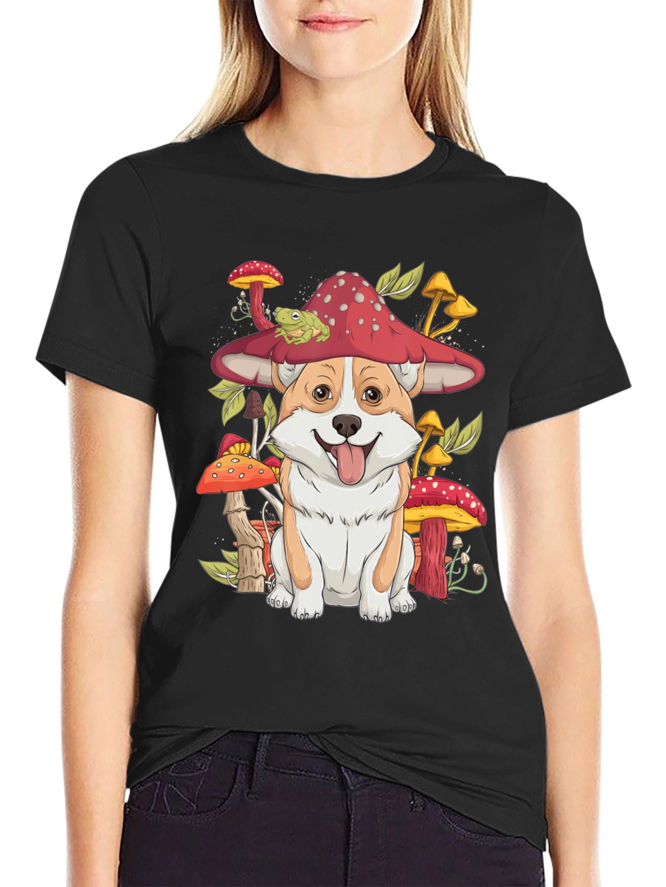 Corgi & Mushroom Graphic Tee - Whimsical Dog T-Shirt