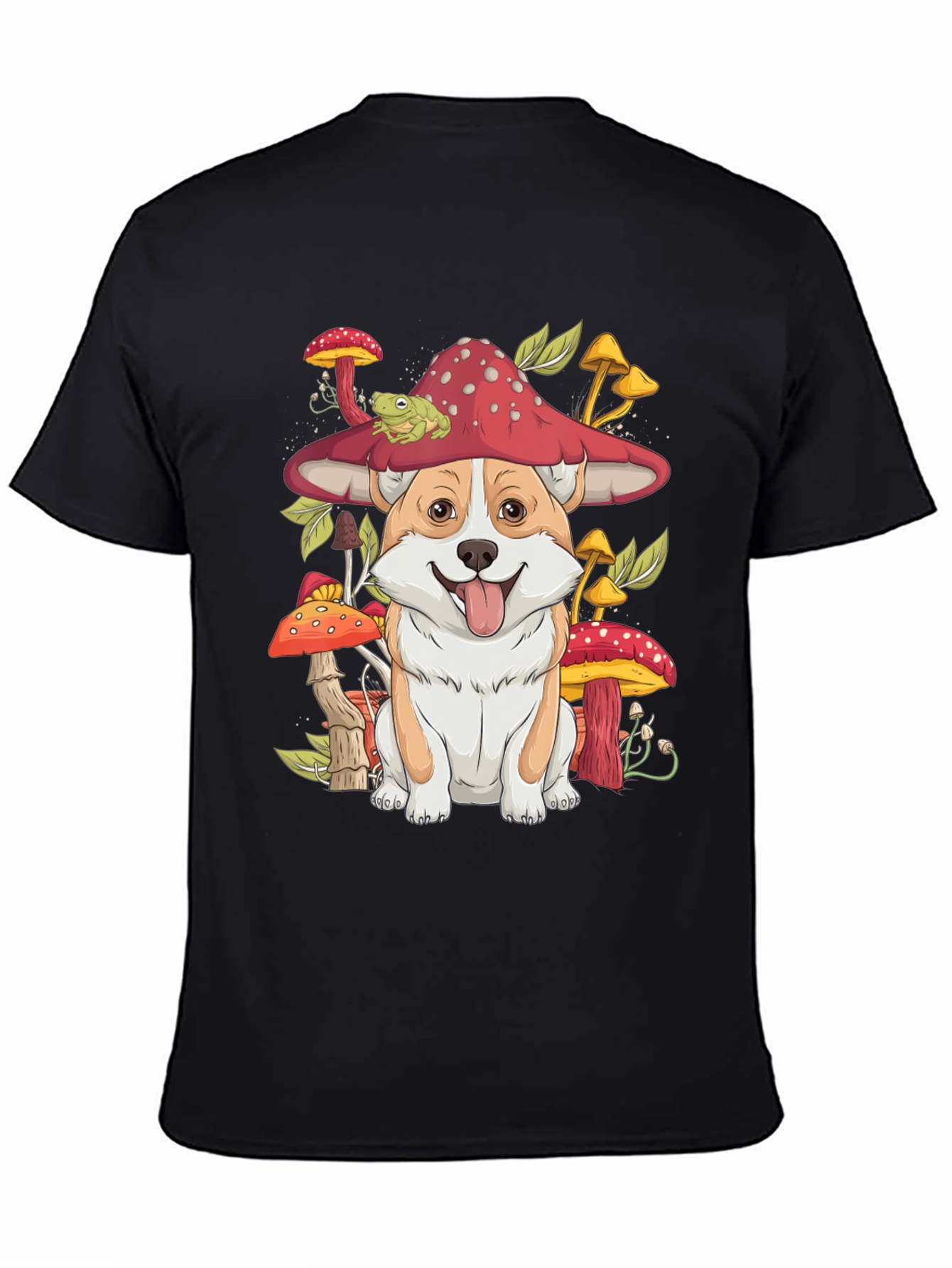 Corgi & Mushroom Graphic Tee - Whimsical Dog T-Shirt