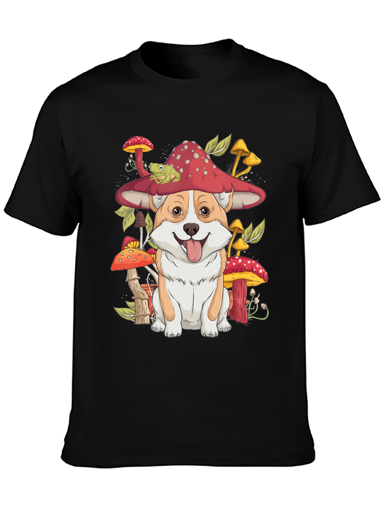 Corgi & Mushroom Graphic Tee - Whimsical Dog T-Shirt