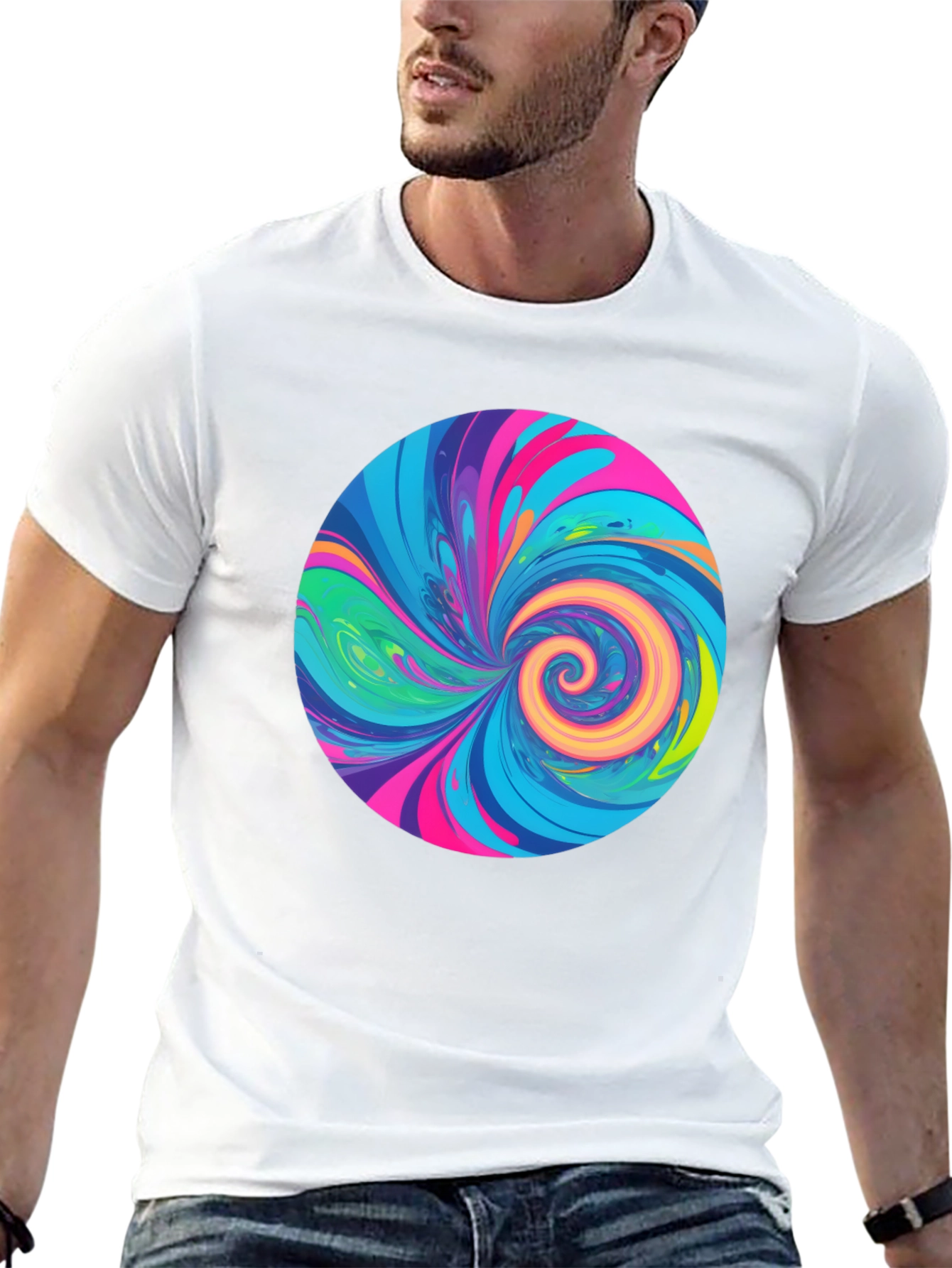 Vibrant Swirl Graphic Tee - Black Cotton T-Shirt