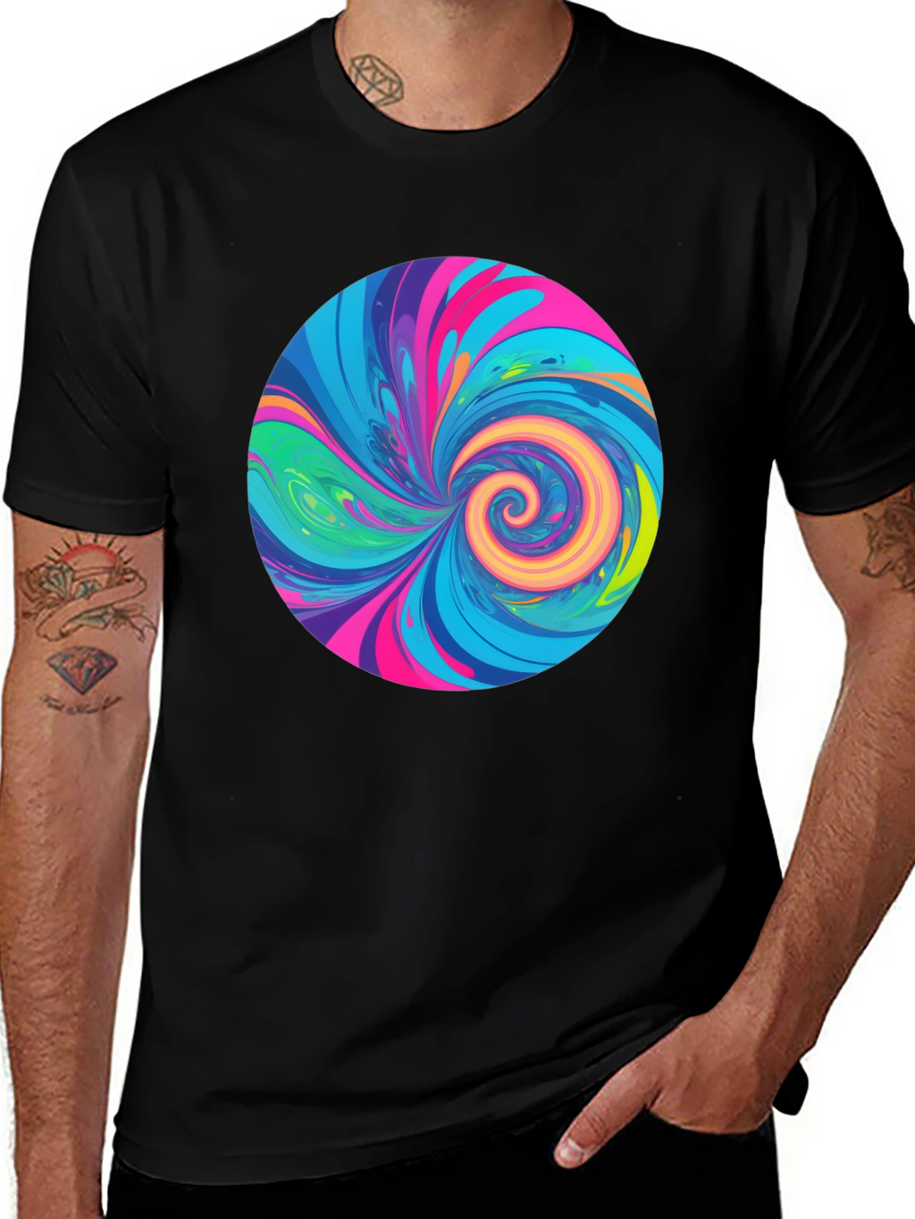 Vibrant Swirl Graphic Tee - Black Cotton T-Shirt