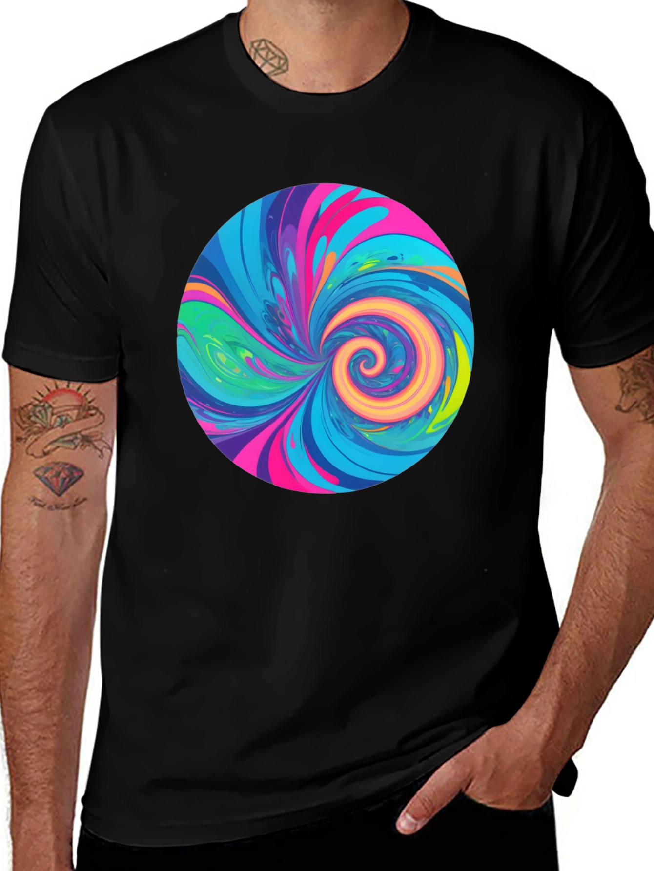 Vibrant Swirl Graphic Tee - Black Cotton T-Shirt