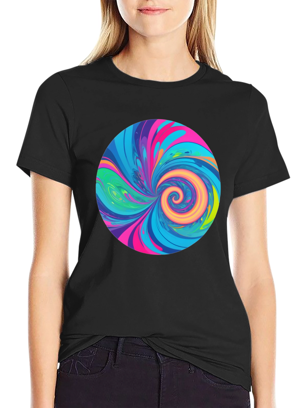 Vibrant Swirl Graphic Tee - Black Cotton T-Shirt