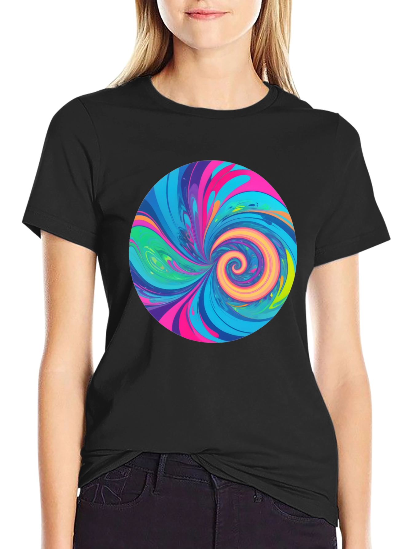Vibrant Swirl Graphic Tee - Black Cotton T-Shirt