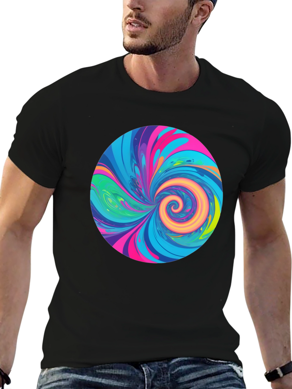Vibrant Swirl Graphic Tee - Black Cotton T-Shirt