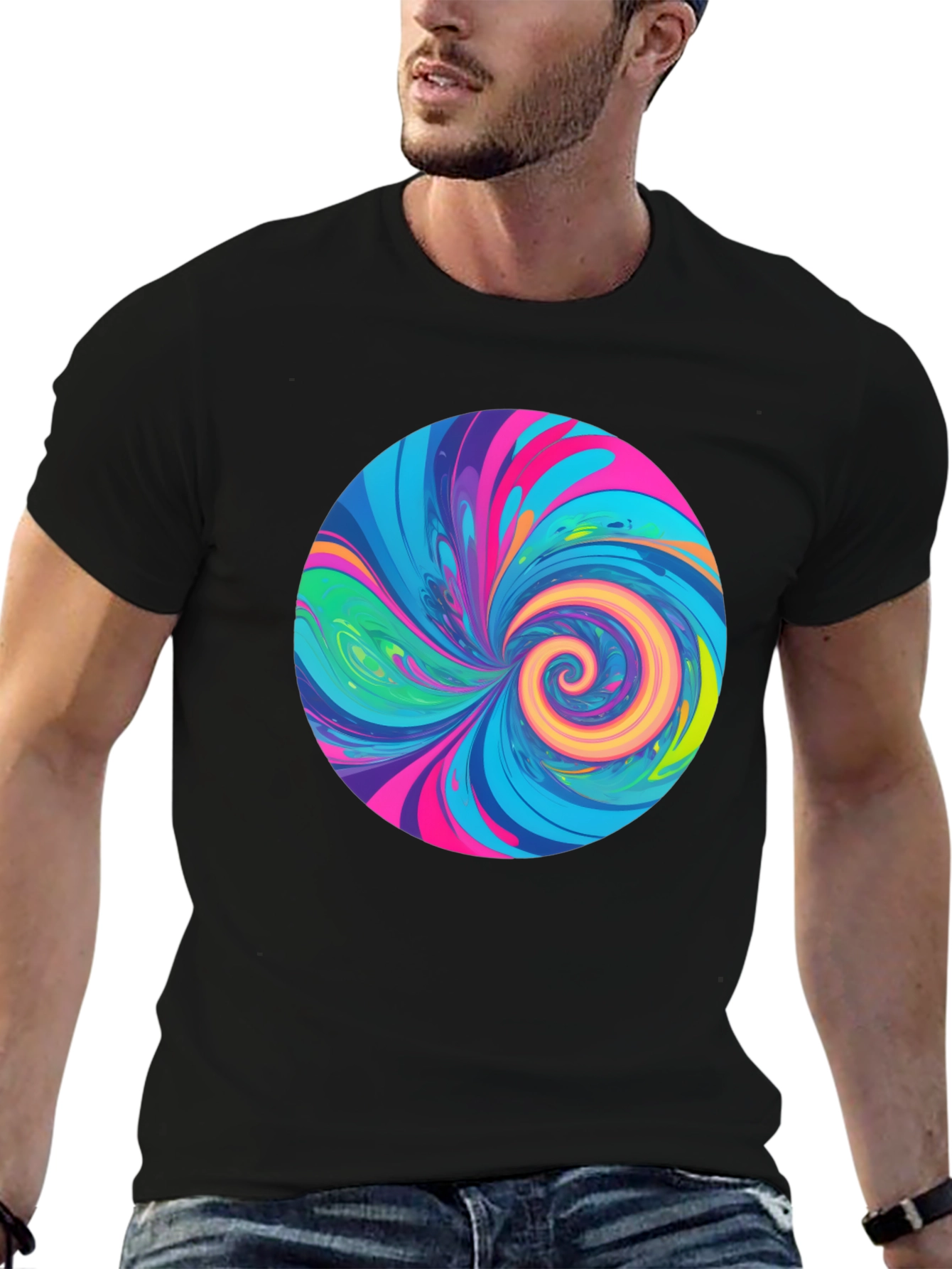 Vibrant Swirl Graphic Tee - Black Cotton T-Shirt