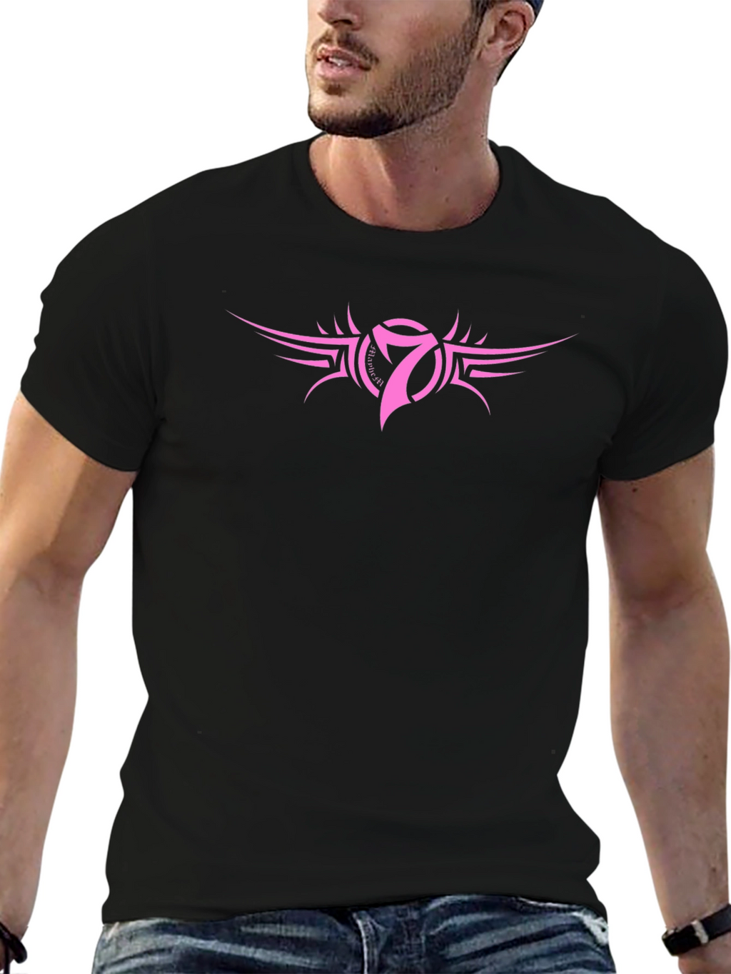 Mens Black T-Shirt with Pink Number 7 Design