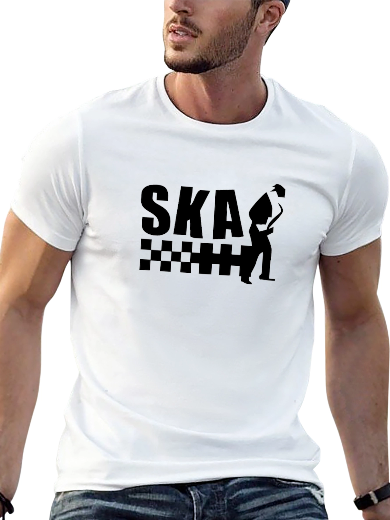 Ska Music T-Shirt: Saxophone Player Checkered Design