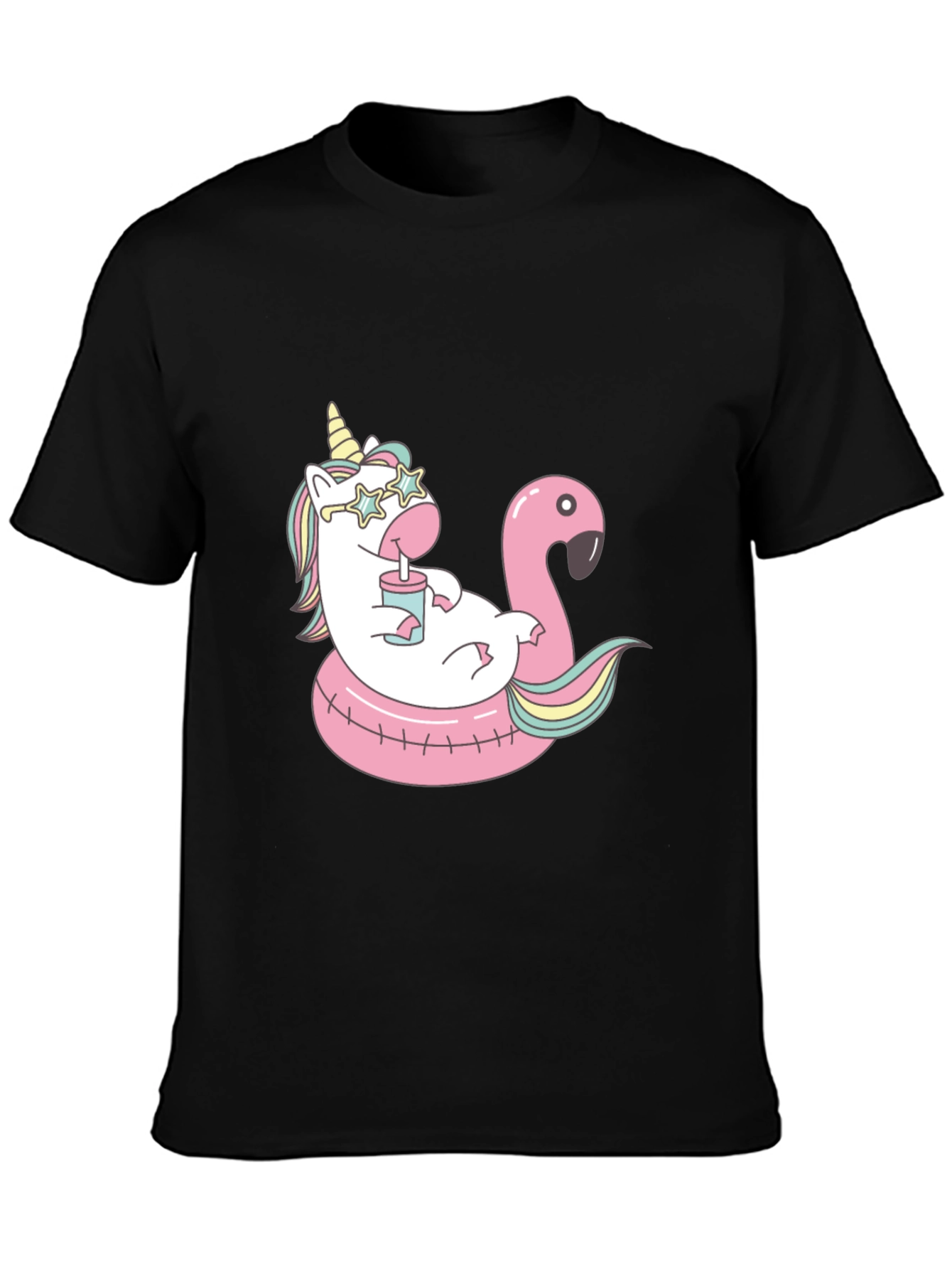 Unicorn Flamingo Pool Party Black T-Shirt