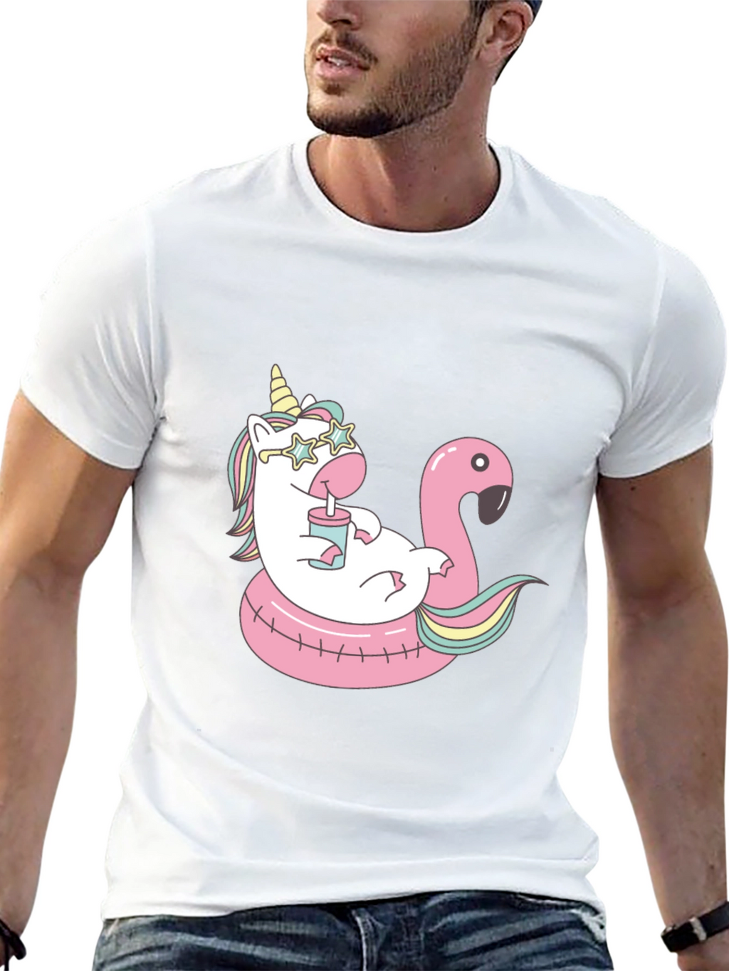 Unicorn Flamingo Pool Party Black T-Shirt