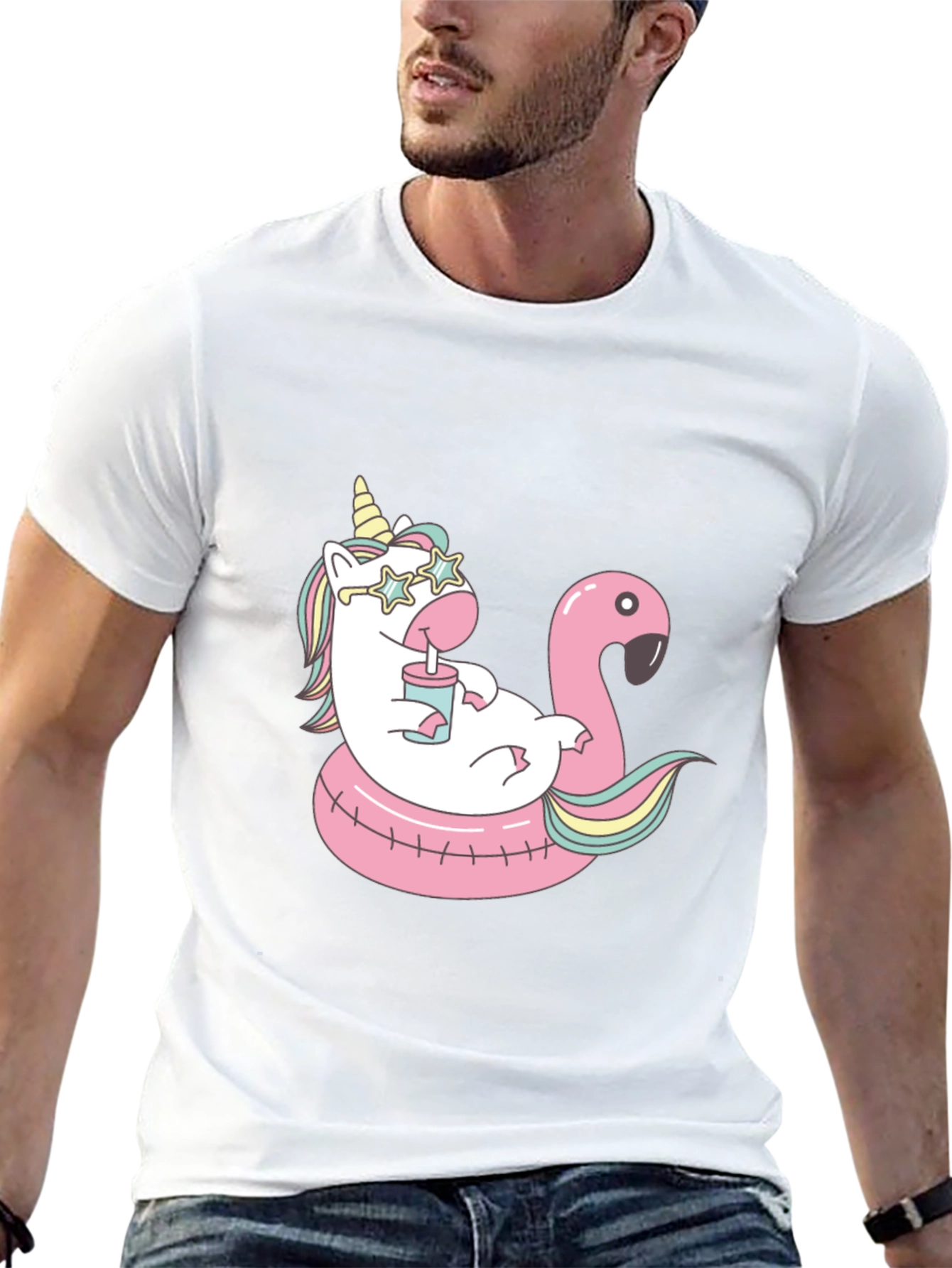 Unicorn Flamingo Pool Party Black T-Shirt