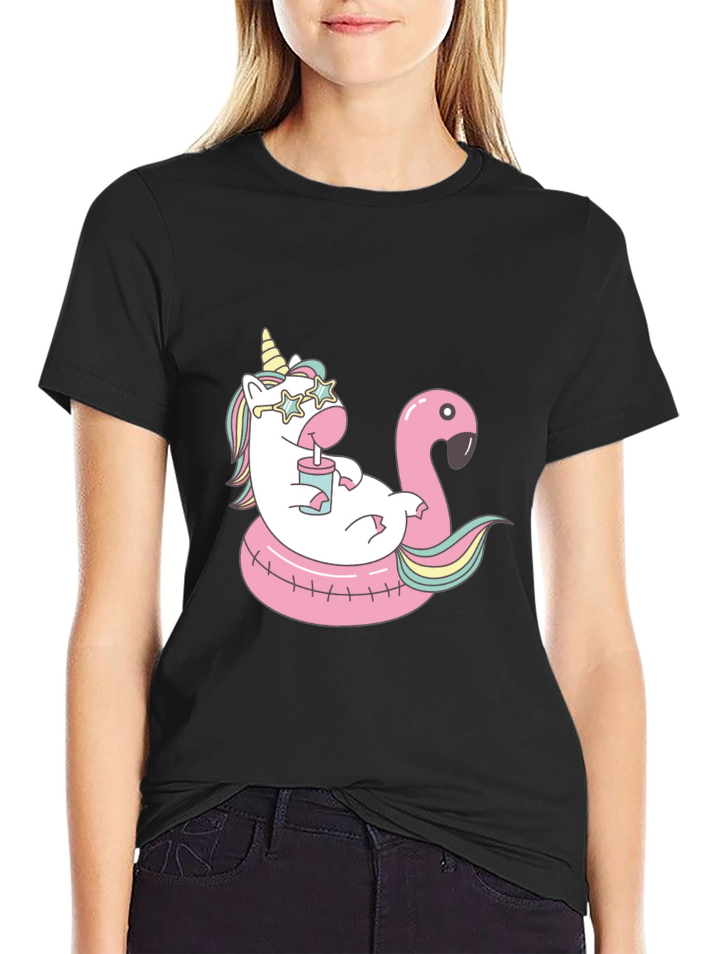 Unicorn Flamingo Pool Party Black T-Shirt