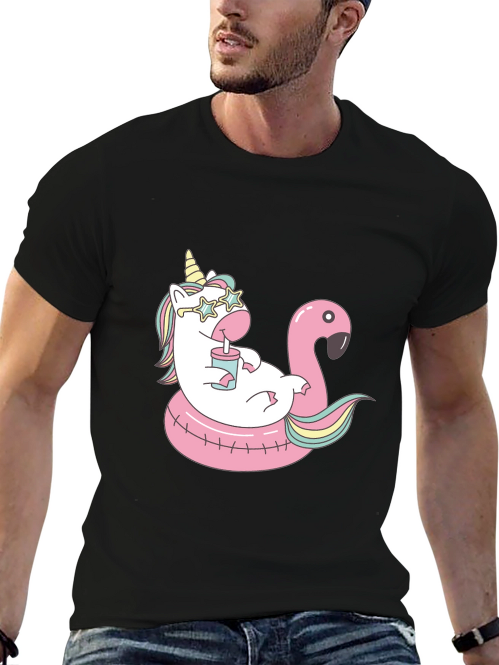 Unicorn Flamingo Pool Party Black T-Shirt
