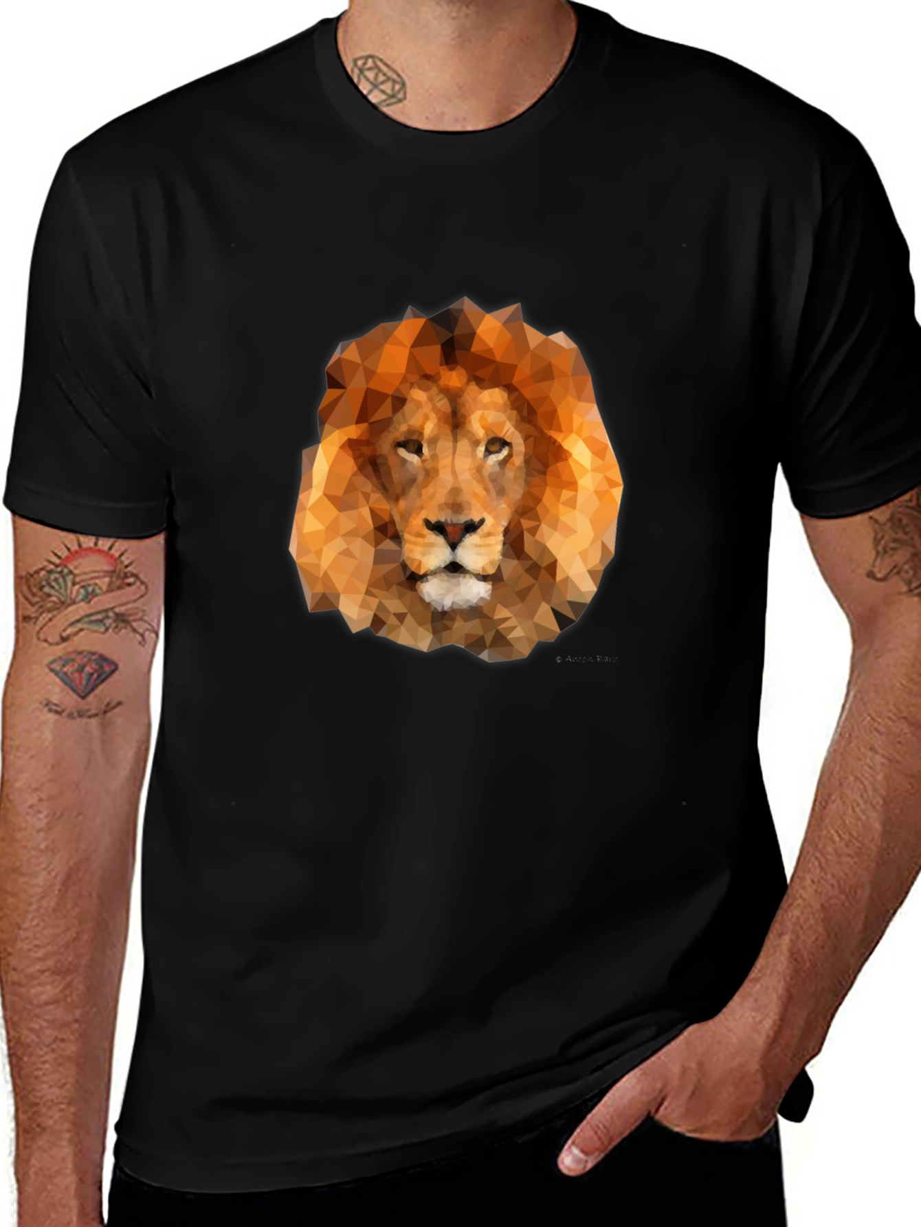 Geometric Lion Head Graphic Tee - Black