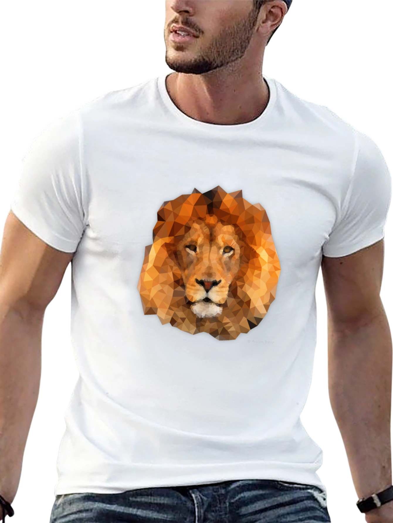 Geometric Lion Head Graphic Tee - Black